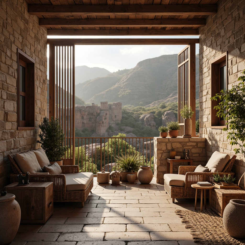 Prompt: Distressed wooden planks, rustic metal frames, earthy terracotta pots, organic natural fibers, woven wicker furniture, reclaimed wood accents, artisanal ceramics, handmade textiles, imperfect stone walls, rugged landscape, overcast sky, warm golden lighting, soft focus, shallow depth of field, 2/3 composition, atmospheric perspective, realistic weathering effects.