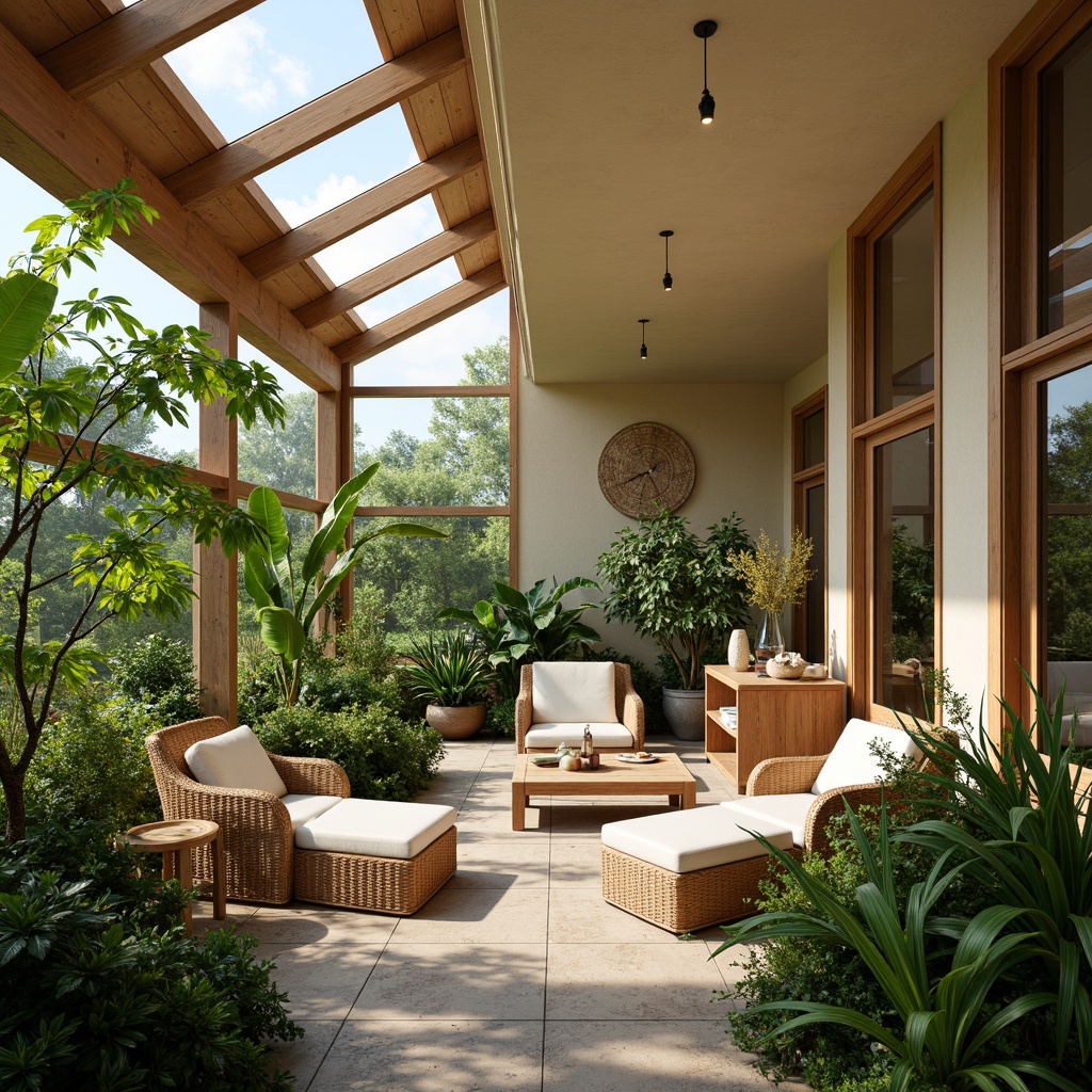 Prompt: Vibrant sunroom, lush greenery, tropical plants, wicker furniture, natural stone flooring, skylights, sliding glass doors, warm beige walls, rattan decorations, cozy reading nooks, plush cushions, organic shapes, earthy tones, soft diffused lighting, shallow depth of field, 1/1 composition, intimate atmosphere, realistic plant textures, ambient occlusion.