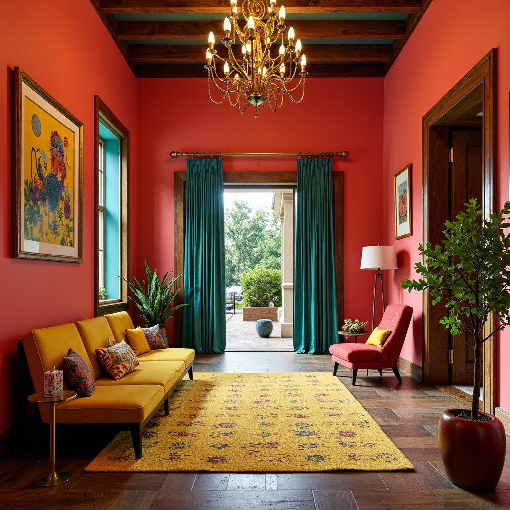 Prompt: Vibrant entrance hall, eclectic style, bold color scheme, bright coral walls, turquoise accents, yellow patterned rug, rich wood tones, ornate gold frames, lavish chandeliers, abstract artwork, playful mix of textures, bold geometric patterns, funky furniture pieces, statement lighting fixtures, cozy nooks, inviting atmosphere, warm golden lighting, shallow depth of field, 1/1 composition, realistic render.