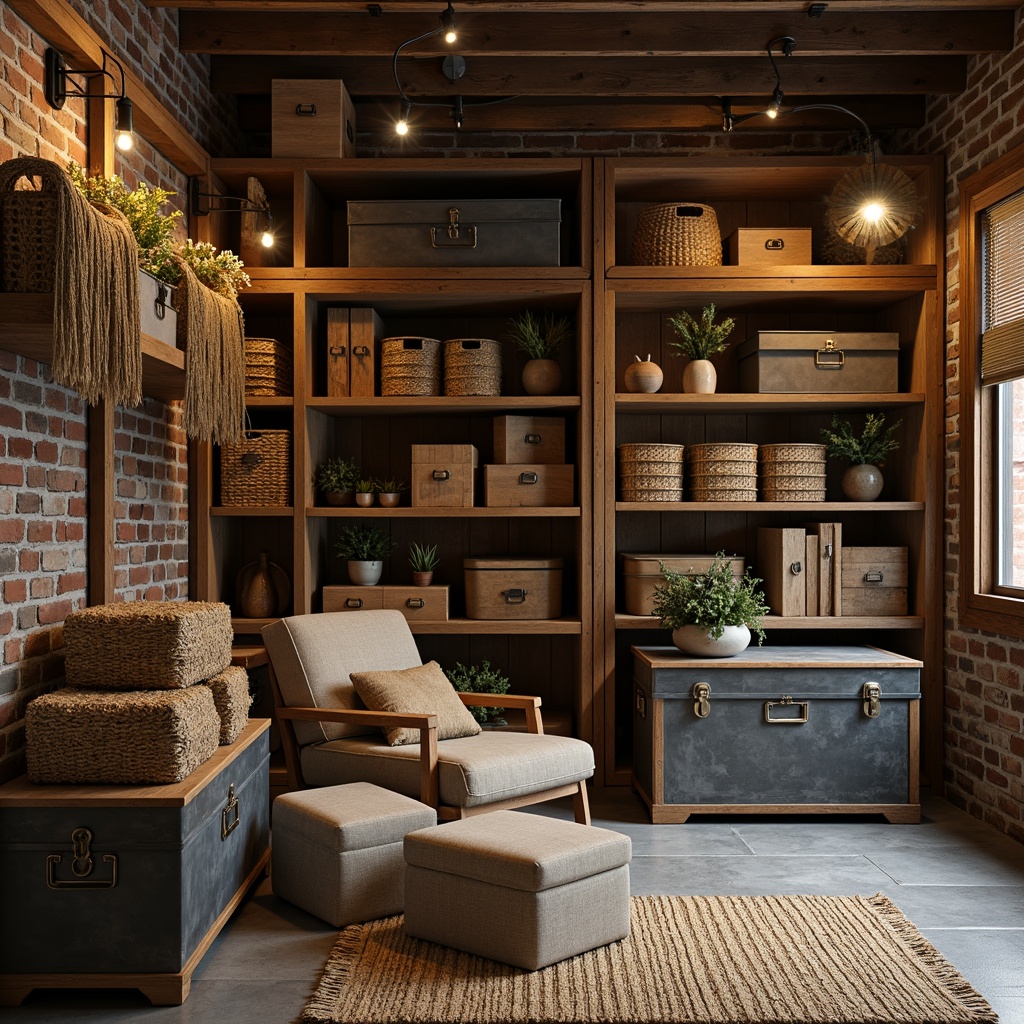 Prompt: Rustic storage room, wooden crates, vintage metal trunks, distressed finishes, earthy tones, natural textiles, burlap fabrics, jute rugs, woven baskets, reclaimed wood shelves, industrial lighting, exposed brick walls, stone flooring, cozy atmosphere, warm color palette, soft ambient light, shallow depth of field, 1/2 composition, realistic textures.