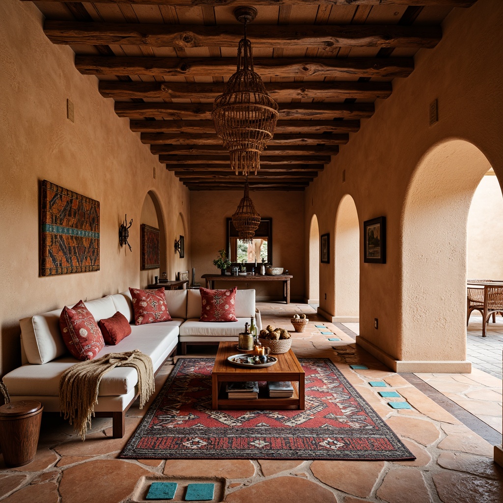 Prompt: Earth-toned adobe walls, rustic wooden beams, woven Native American patterned rugs, turquoise accent stones, sandy-hued terracotta floors, distressed leather furnishings, vibrant colorful textiles, intricate geometric motifs, natural fiber upholstery, woven wicker accents, earthy scented candles, warm soft lighting, shallow depth of field, 3/4 composition, panoramic view, realistic textures, ambient occlusion.