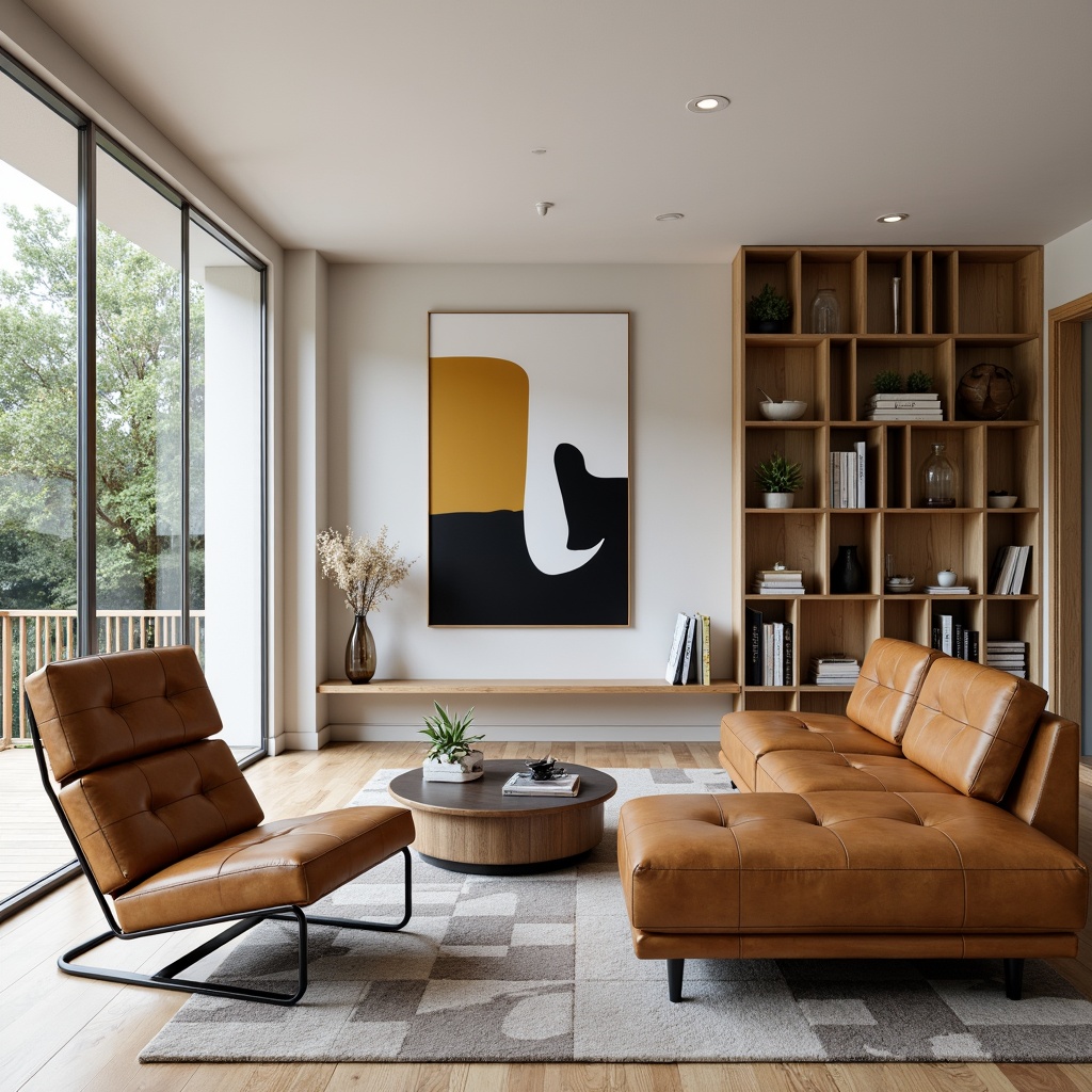 Prompt: Minimalist living room, rectangular shapes, primary color palette, tubular steel frames, leather upholstery, geometric patterns, industrial materials, functional simplicity, clean lines, right angles, open floor plan, natural light, wooden flooring, modernist architecture, sparse decor, monochromatic scheme, bold typography, abstract artwork, functional storage units, multi-functional furniture pieces, adjustable shelving systems, movable partitions, rational design philosophy.