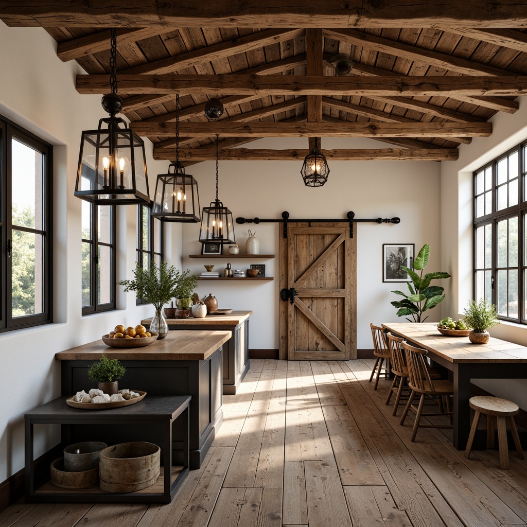 Prompt: Rustic farmhouse, vintage Art Deco style, distressed wood beams, reclaimed barn doors, metal lanterns, pendant lights, industrial-chic fixtures, exposed brick walls, creamy white walls, wooden flooring, traditional country kitchen, ornate metalwork, geometric patterns, luxurious crystal chandeliers, soft warm glow, cozy ambiance, natural daylight, layered lighting, 1/1 composition, realistic textures, ambient occlusion.