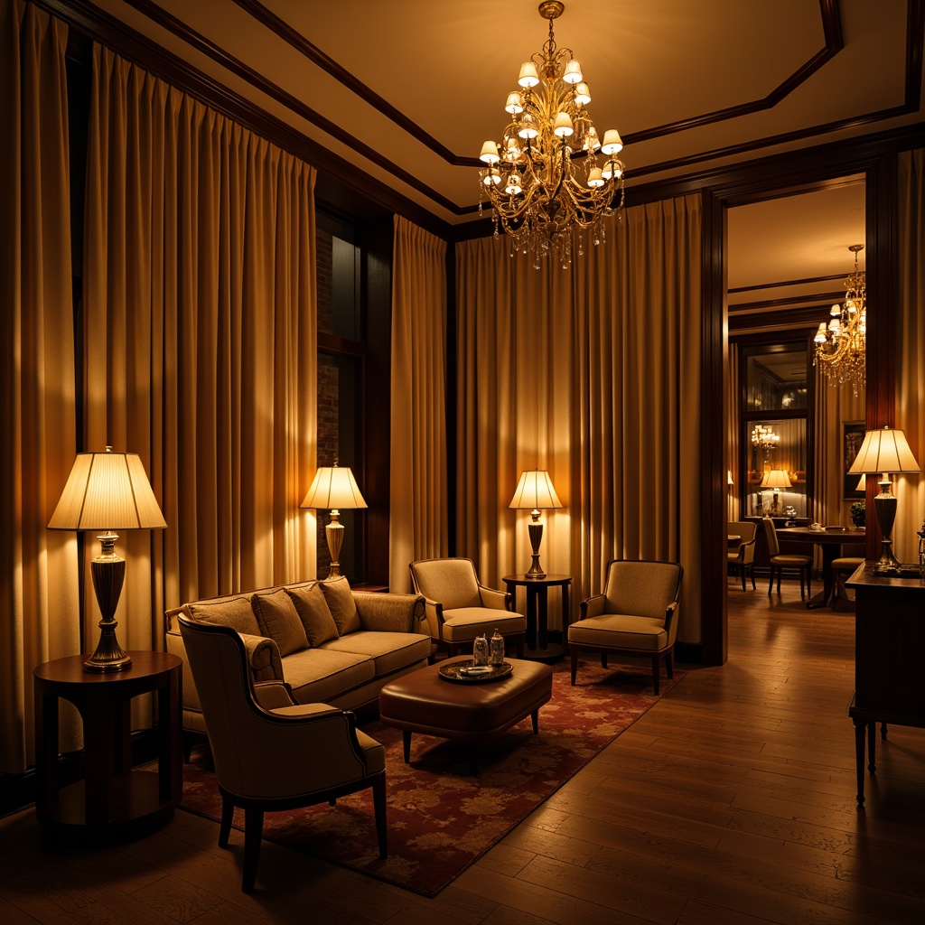 Prompt: Warm ambient lighting, soft shadows, cozy atmosphere, elegant chandeliers, table lamps, floor lamps, warm beige tones, rich wood textures, luxurious fabrics, velvety smooth surfaces, intimate seating areas, dramatic spotlights, subtle color transitions, 1/1 composition, high contrast ratio, cinematic mood, realistic reflections, ambient occlusion.