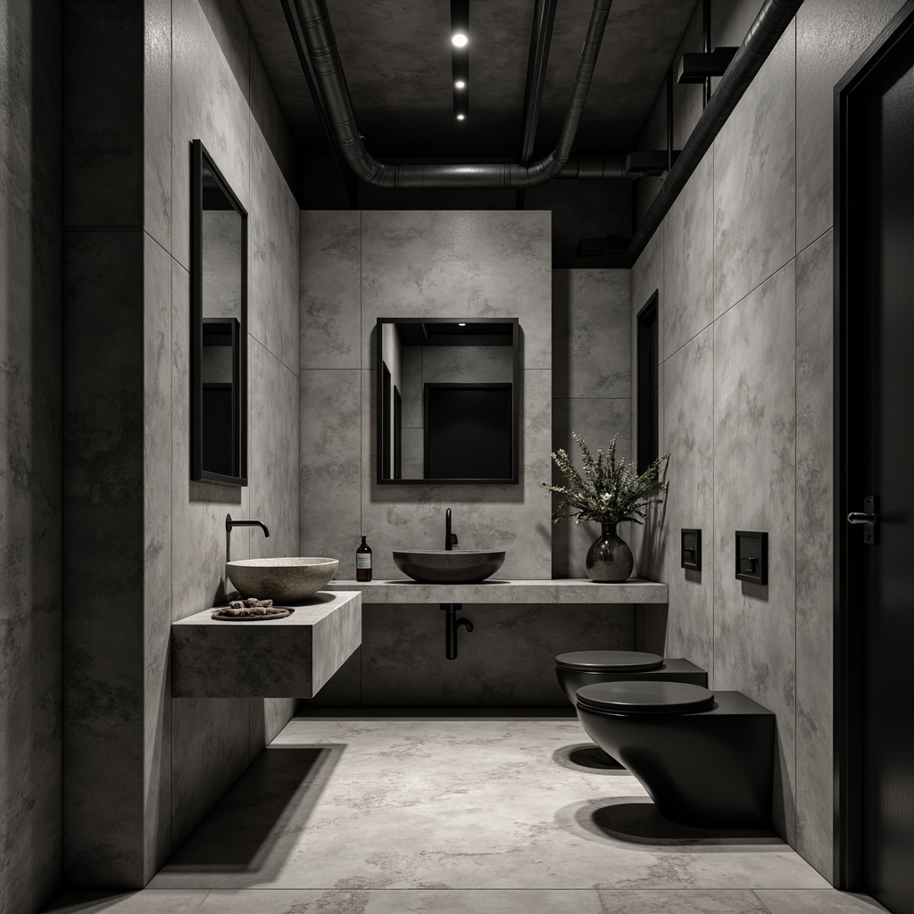 Prompt: Monochromatic powder room, concrete walls, industrial pipes, metal beams, minimalist decor, brutalist furniture, chunky stone sink, matte black faucet, rough-textured concrete countertops, raw metal mirror frame, dimmable overhead lighting, dramatic shadows, high-contrast color scheme, moody ambiance, bold architectural lines, geometric patterns, luxurious velvety textiles, metallic accents, abstract art pieces, urban industrial vibe.