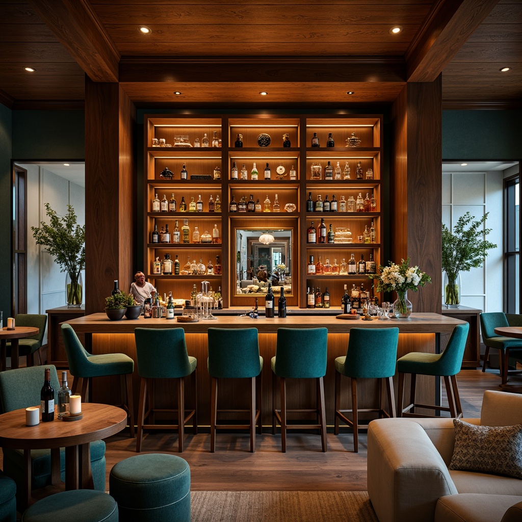 Prompt: Cozy home bar, warm ambient lighting, rich wood tones, metallic accents, plush stools, elegant countertops, sophisticated color palette, deep blues, emerald greens, warm neutrals, earthy browns, creamy whites, luxurious textures, refined patterns, subtle sheen, soft focus, 1/2 composition, intimate atmosphere.