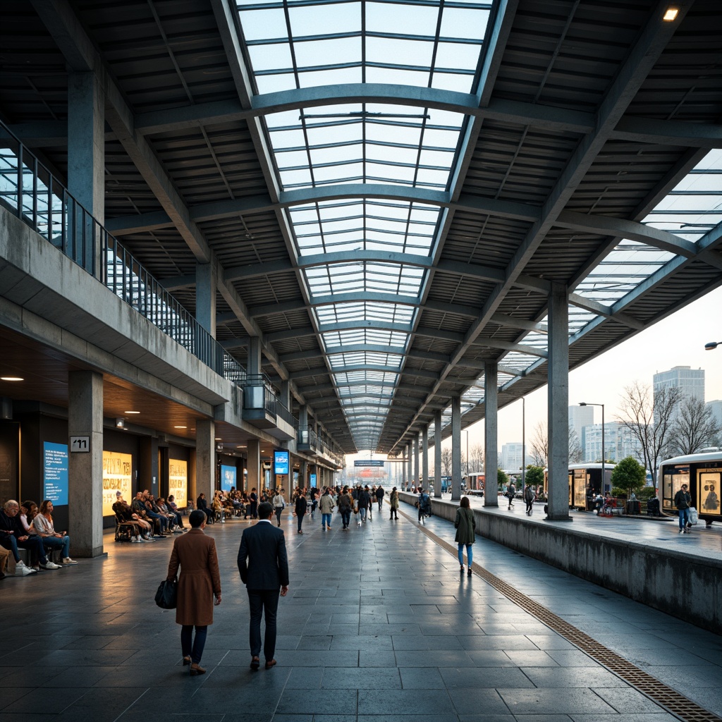 Prompt: Modern bus station, sleek metal framework, large glass roofs, natural ventilation, LED lighting systems, bright white illumination, futuristic ambiance, urban cityscape, morning rush hour, crowded platforms, electronic display boards, route information screens, comfortable seating areas, polished concrete floors, subtle ambient sounds, soft warm glow, shallow depth of field, 1/1 composition, realistic textures, ambient occlusion.