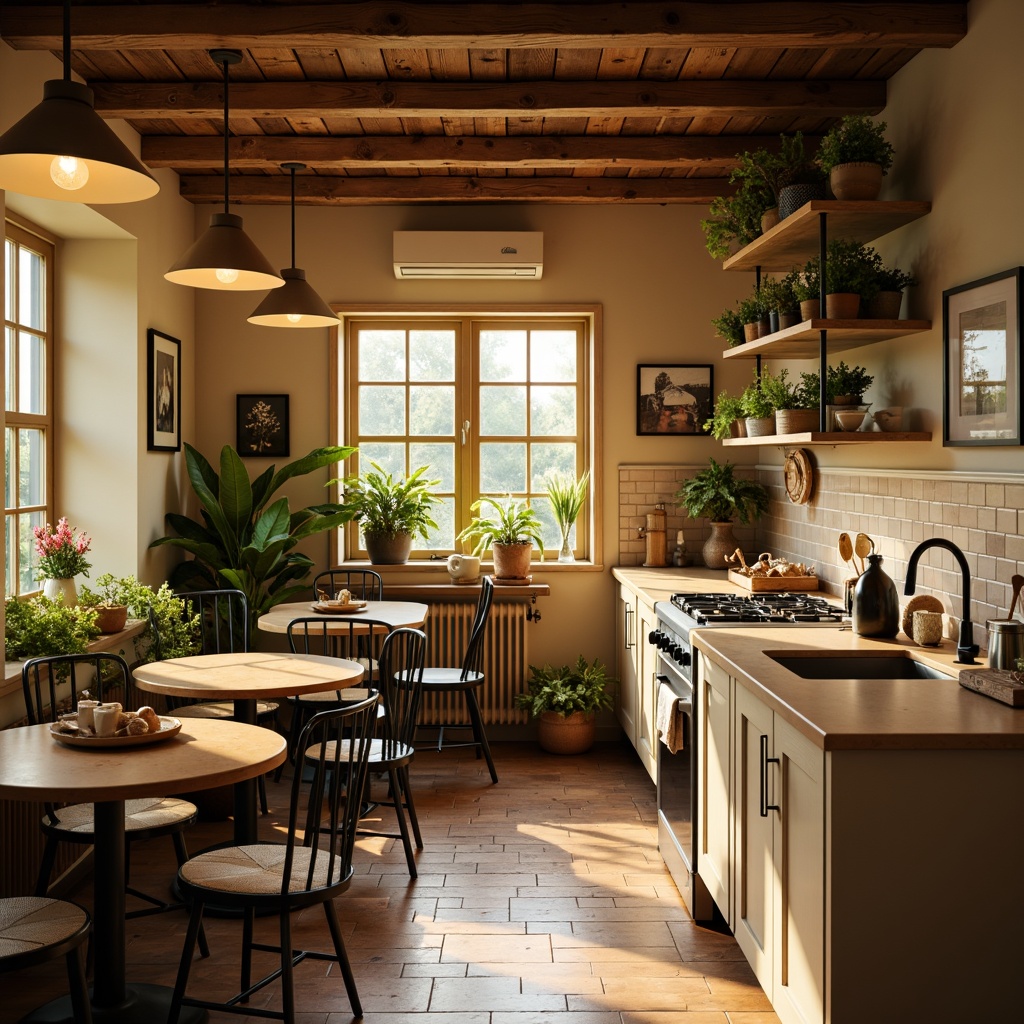 Prompt: Cozy breakfast nook, warm golden lighting, pendant lamps, rustic wooden ceiling, soft cream walls, vintage metal chairs, distressed wood tables, natural woven textiles, lush greenery, fresh flowers, warm beige countertops, modern stainless steel appliances, elegant ceramic tiles, ambient warm glow, shallow depth of field, 1/1 composition, realistic textures.