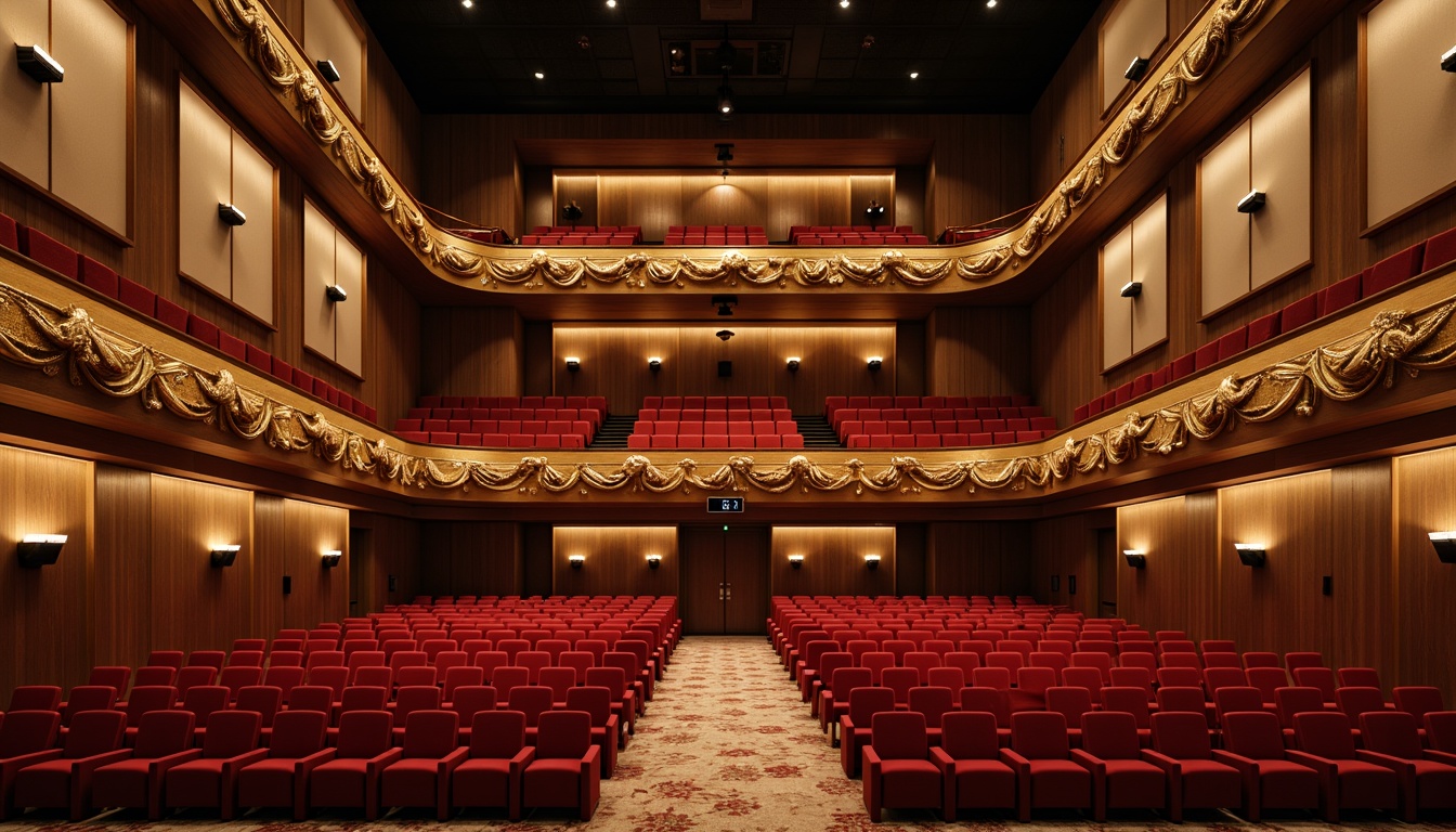 Prompt: Elegant theater interior, rich wood accents, plush red velvet seats, ornate golden balconies, subtle sound-absorbing acoustic panels, soft box-shaped diffusers, premium fabric wraps, sleek aluminum frames, modern minimalist design, sophisticated lighting systems, warm spotlighting, gentle ambient illumination, shallow depth of field, 3/4 composition, realistic textures, ambient occlusion.