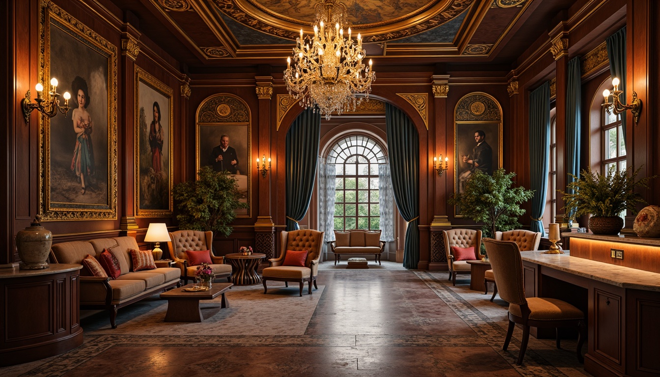 Prompt: Luxurious interior space, ornate furnishings, intricate carvings, lavish textiles, gilded accents, crystal chandeliers, marble countertops, velvet drapes, rich wood tones, elegant patterns, subtle lighting, warm color palette, inviting atmosphere, 3/4 composition, shallow depth of field, soft focus, realistic rendering.