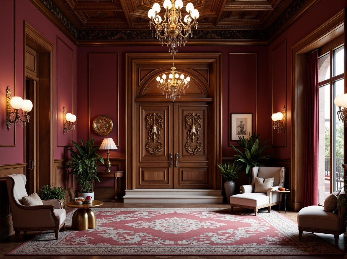 Prompt: Grand entrance, eclectic style, maroon colored walls, ornate wooden doors, golden hardware, intricate carvings, patterned rugs, lavish chandeliers, statement lighting fixtures, opulent furnishings, luxurious textiles, rich velvet drapes, stately columns, arched windows, warm inviting ambiance, soft warm lighting, shallow depth of field, 1/1 composition, realistic textures, ambient occlusion.