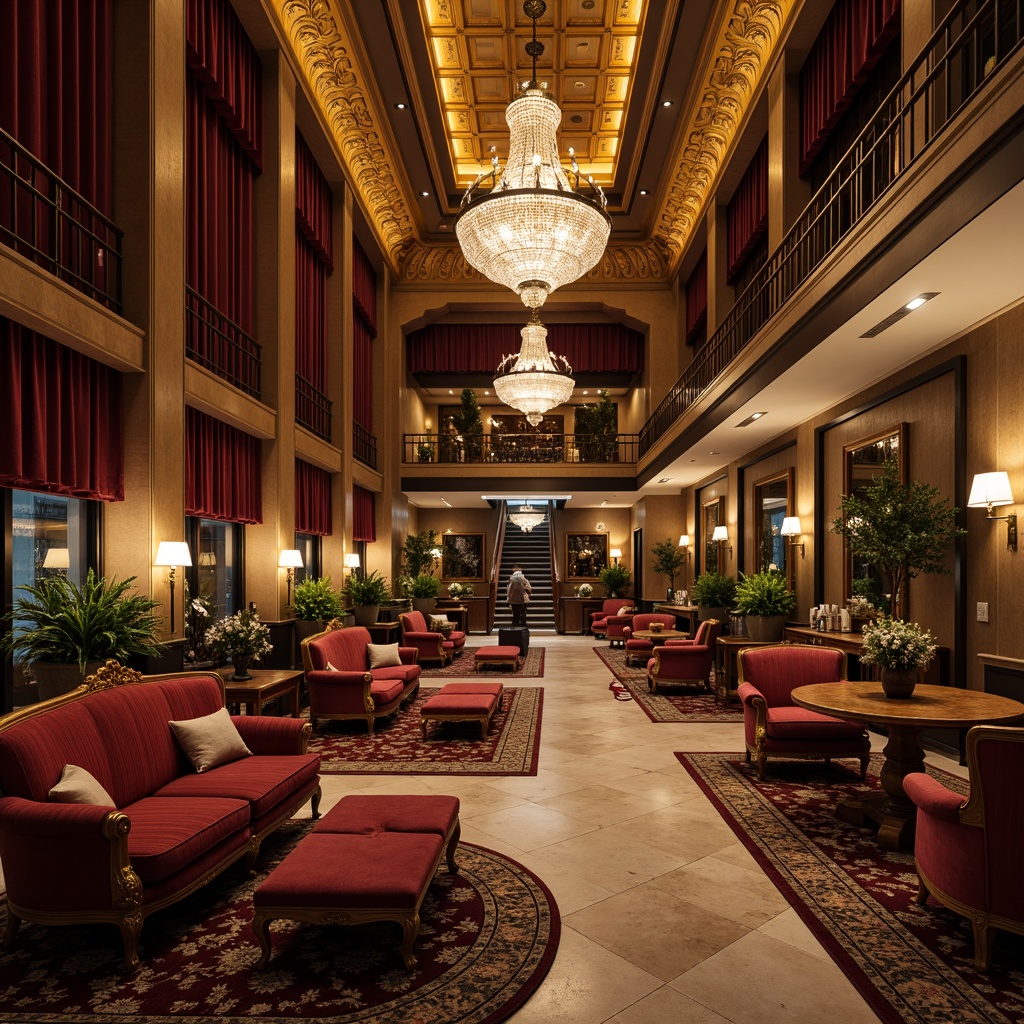 Prompt: Luxurious hotel lobby, ornate chandeliers, intricately carved wooden furniture, velvet upholstery, gilded frames, lavish drapery, richly patterned rugs, marble floors, grand staircases, opulent furnishings, antique pieces, curved lines, ornate mirrors, crystal fixtures, warm golden lighting, shallow depth of field, 1/2 composition, atmospheric perspective, realistic textures, detailed normal maps.