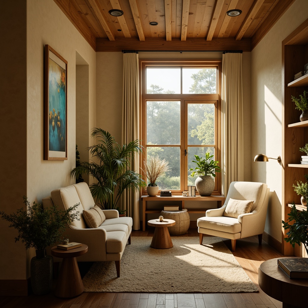 Prompt: Cozy reading nook, warm beige walls, plush velvet furniture, soft golden lighting, rich wood accents, calming turquoise hues, creamy white textures, natural woven fibers, soothing greenery, intimate ambiance, relaxing atmosphere, 1/2 composition, shallow depth of field, warm color temperatures, inviting shadows.