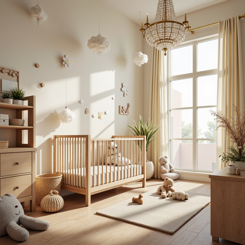 Prompt: Whimsical nursery, soft pastel colors, delicate fabrics, cuddly toys, gentle glow, warm white lighting, elegant chandeliers, crystal drops, polished metal fixtures, creamy shades, dreamy ambiance, serene atmosphere, cloud-shaped lamps, tender moonlight, subtle shadows, 1/1 composition, intimate focus, realistic textures, ambient occlusion.