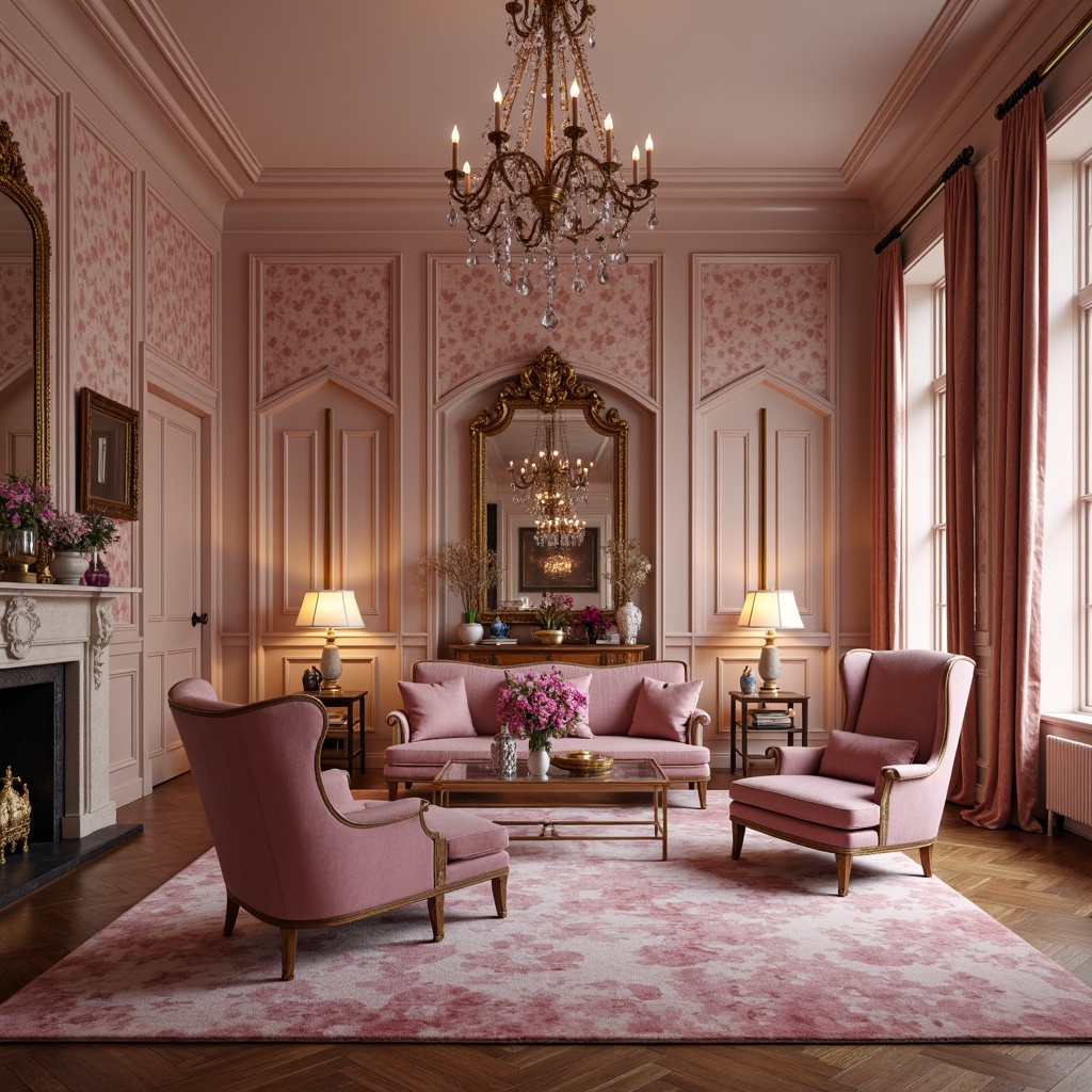 Prompt: Soft pink rose hues, elegant furnishings, luxurious velvet fabrics, gold accents, ornate mirrors, crystal chandeliers, refined wood paneling, plush area rugs, sophisticated wallpaper patterns, warm ambient lighting, shallow depth of field, 2/3 composition, intimate atmosphere, realistic textures, subtle shadows.