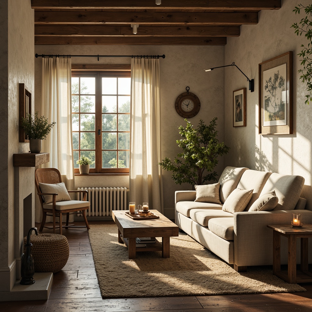 Prompt: Rustic farmhouse interior, earthy color palette, warm beige tones, soft sage greens, creamy whites, weathered wood accents, vintage metal decor, natural linen textiles, distressed brick walls, reclaimed wooden beams, cozy candlelight, warm afternoon sunlight, shallow depth of field, 1/2 composition, intimate atmosphere, organic textures, subtle shadows.