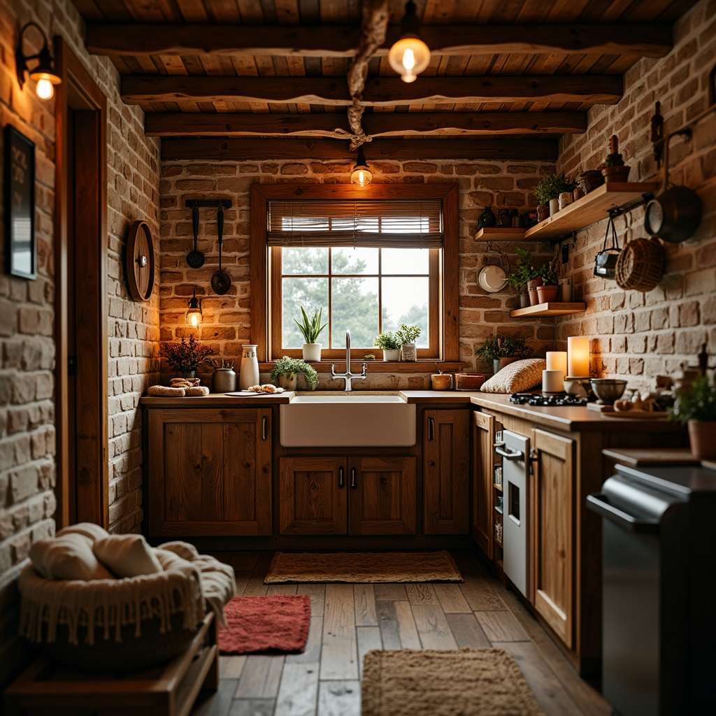 Prompt: Rustic wooden cabin, cozy interior decor, earthy tone colors, natural stone walls, reclaimed wood furniture, vintage metal decorations, warm candlelight, plush throw blankets, woven baskets, rustic kitchen utensils, farmhouse sink, exposed brick ceiling, wooden beam accents, soft warm lighting, shallow depth of field, 1/2 composition, intimate close-up shot, realistic textures, ambient occlusion.