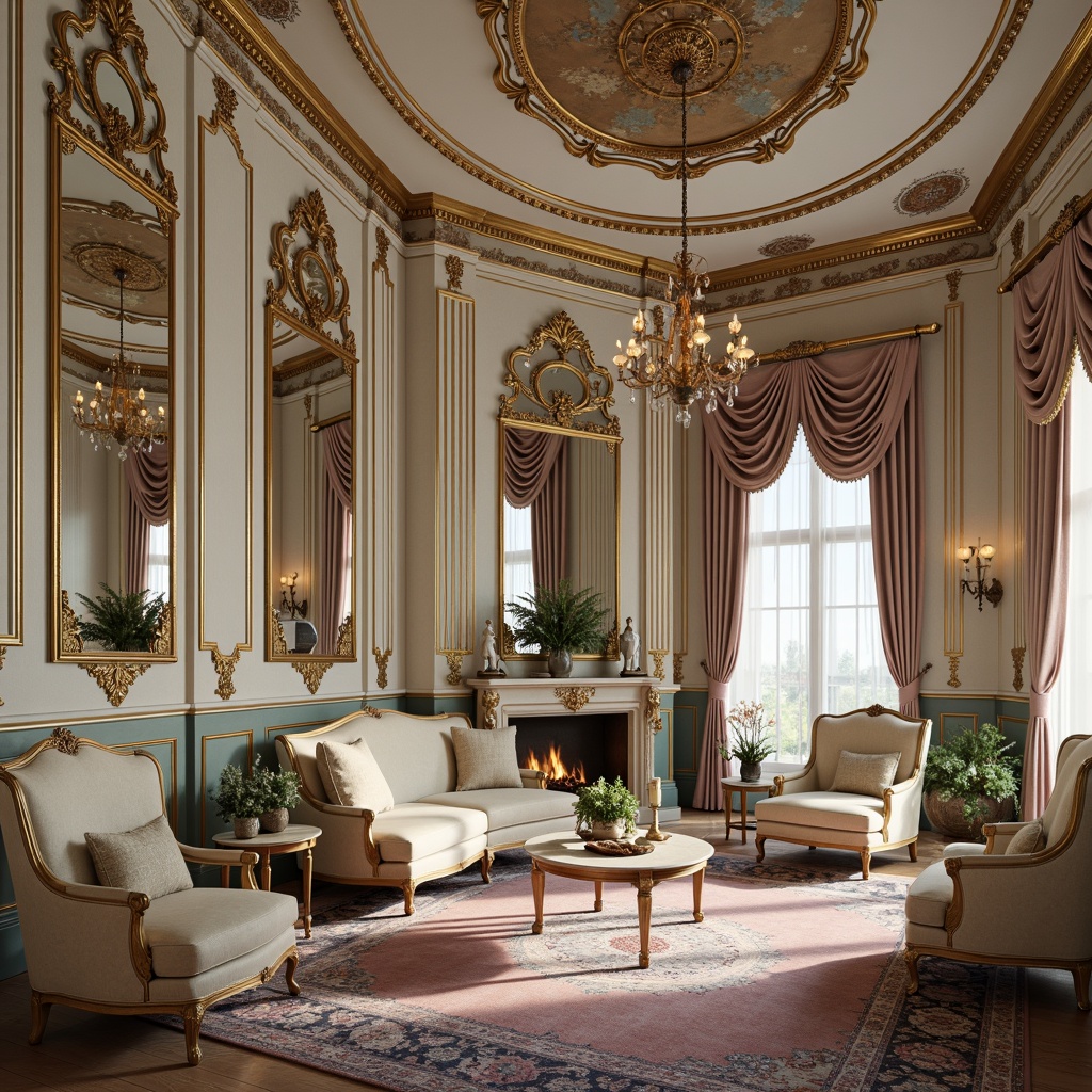 Prompt: Opulent Rococo interior, lavish furnishings, intricate carvings, gilded accents, soft velvet fabrics, luxurious silk textiles, ornate mirrors, crystal chandeliers, pastel hues, muted golds, dusty roses, powder blues, creamy whites, warm candlelight, shallow depth of field, 1/1 composition, symmetrical framing, realistic textures, ambient occlusion.