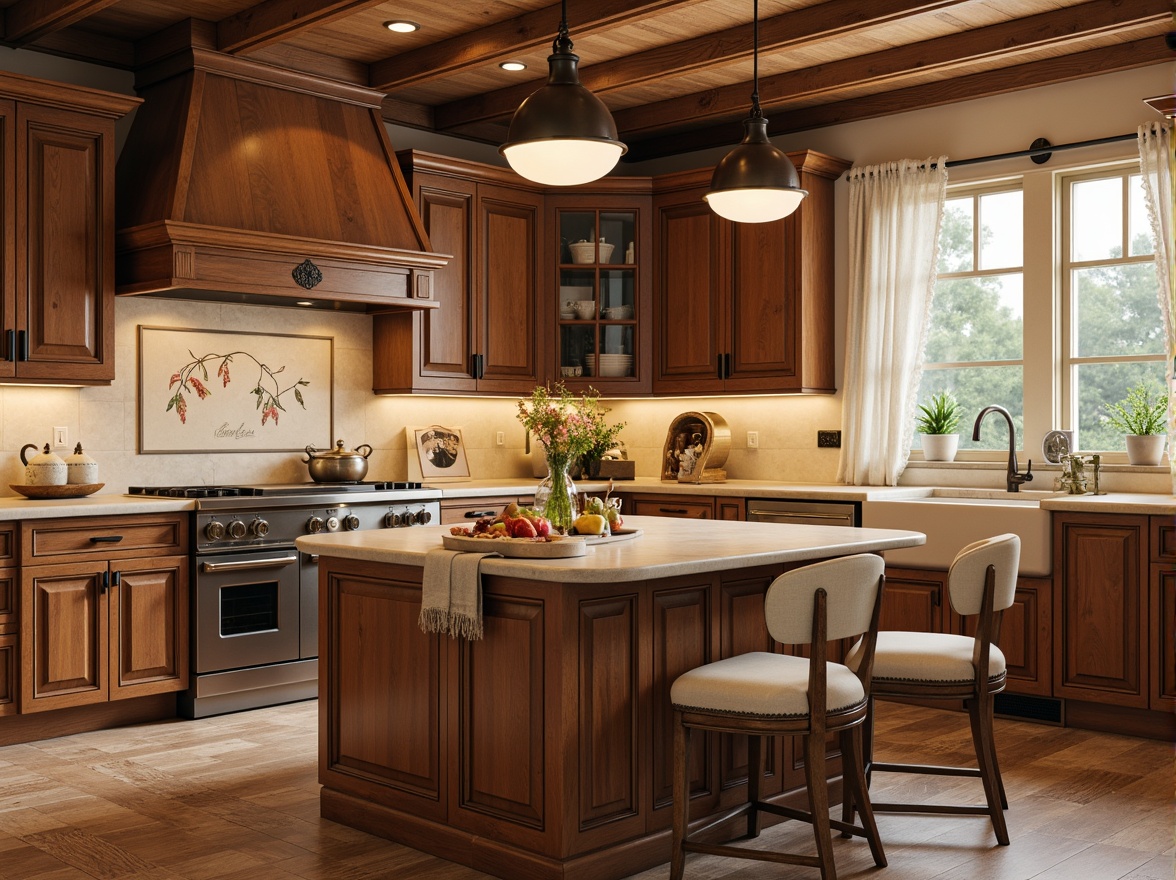 Prompt: Warm beige countertops, ornate wooden cabinets, vintage appliances, elegant pendant lights, soft cream-colored backsplashes, traditional kitchen island, rustic wooden flooring, natural stone walls, classic Shaker-style doors, warm bronze hardware, earthy color palette, subtle texture variations, shallow depth of field, 1/1 composition, realistic renderings, ambient occlusion.