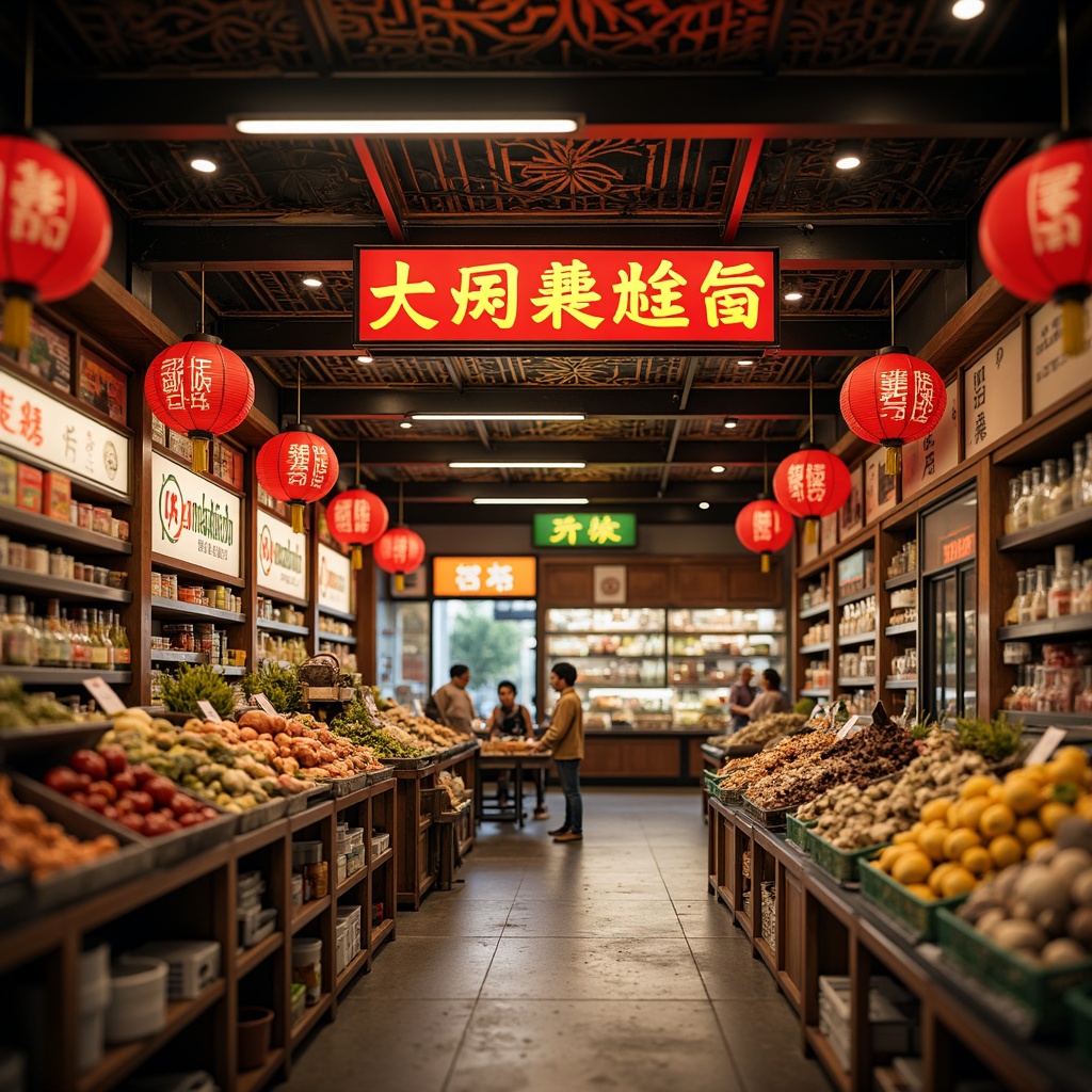 Prompt: Vibrant Asian grocery store, bold font signs, colorful lanterns, traditional Chinese characters, intricate wood carvings, ornate metalwork, warm golden lighting, rich cultural patterns, exotic spice aromas, fresh produce displays, bustling shopping atmosphere, shallow depth of field, 1/1 composition, realistic textures, ambient occlusion.