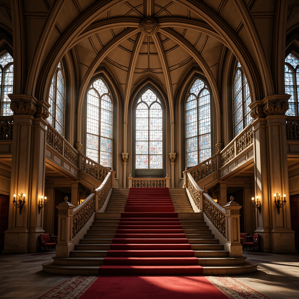 Prompt: Grandiose staircase, ornate archways, ribbed vaults, pointed Gothic arches, intricate stone carvings, mystical stained glass windows, majestic landing platforms, regal banisters, luxurious red carpeting, dramatic upward lighting, warm golden tones, 1/1 composition, symmetrical framing, realistic textures, ambient occlusion.