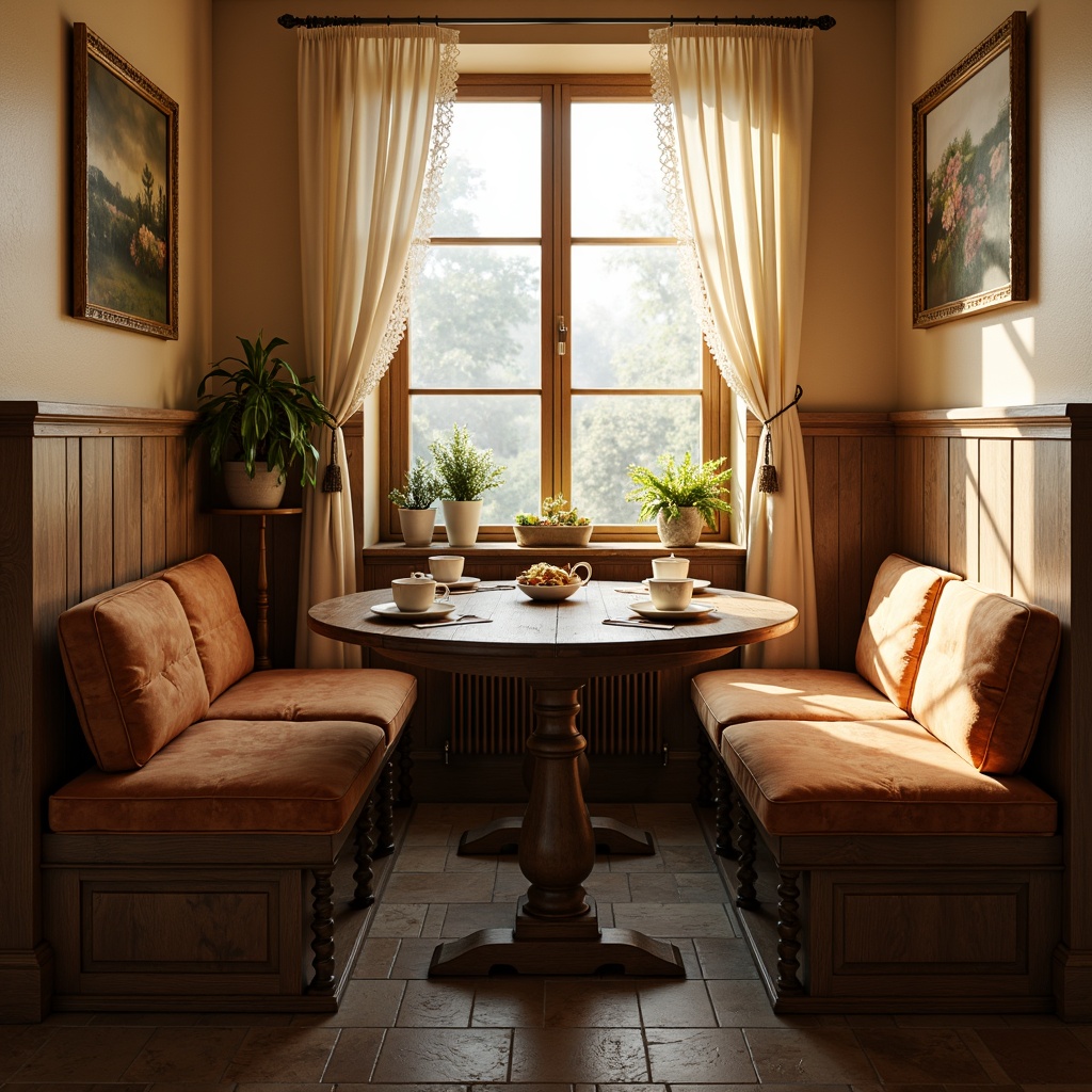 Prompt: Cozy breakfast nook, rustic wooden table, distressed finishes, soft cushioned benches, plush velvet upholstery, ornate carvings, elegant curved legs, vintage metal accents, creamy white ceramics, delicate lace curtains, warm beige walls, natural stone flooring, soft morning light, warm golden lighting, intimate setting, 1/1 composition, shallow depth of field, realistic textures, ambient occlusion.