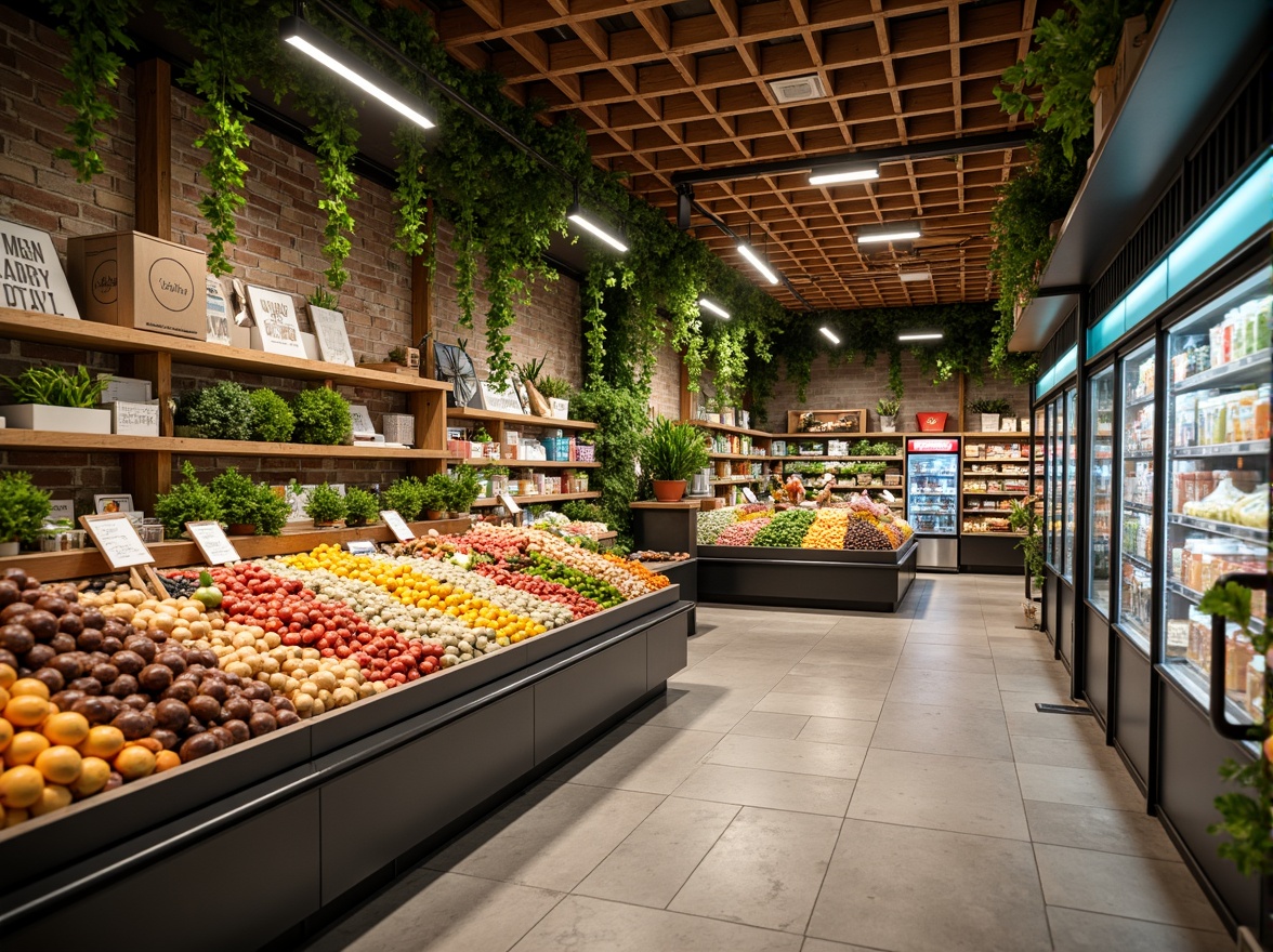 Prompt: Vibrant supermarket interior, fresh produce stands, appetizing food displays, warm earthy tones, inviting wooden shelves, modern sleek refrigerators, cool pastel colors, calming blue accents, energetic orange highlights, natural stone flooring, rustic brick walls, abundant greenery, soft warm lighting, shallow depth of field, 3/4 composition, realistic textures, ambient occlusion.