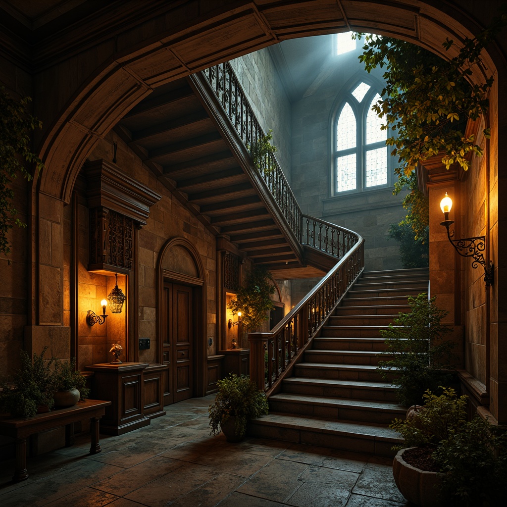 Prompt: Grandiose Gothic staircase, ornate iron railings, mystical stone walls, dimly lit ambiance, warm golden lighting, soft shadows, dramatic archways, vaulted ceilings, rich wood tones, intricate carvings, mysterious alcoves, eerie candlelight, foggy atmosphere, cinematic depth of field, 1/1 composition, narrow aperture, realistic textures, subtle ambient occlusion.