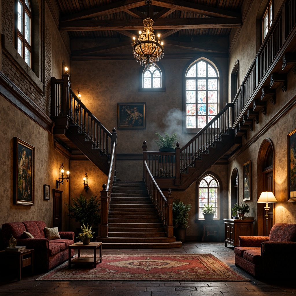 Prompt: Rustic medieval castle, grandiose Gothic staircase, ornate stone carvings, mysterious dim lighting, richly textured walls, weathered brick surfaces, arched windows, stained glass details, intricate wooden paneling, majestic chandeliers, lavish furnishings, opulent tapestries, warm candlelight, dramatic shadows, 1/1 composition, symmetrical framing, soft focus, atmospheric mist.