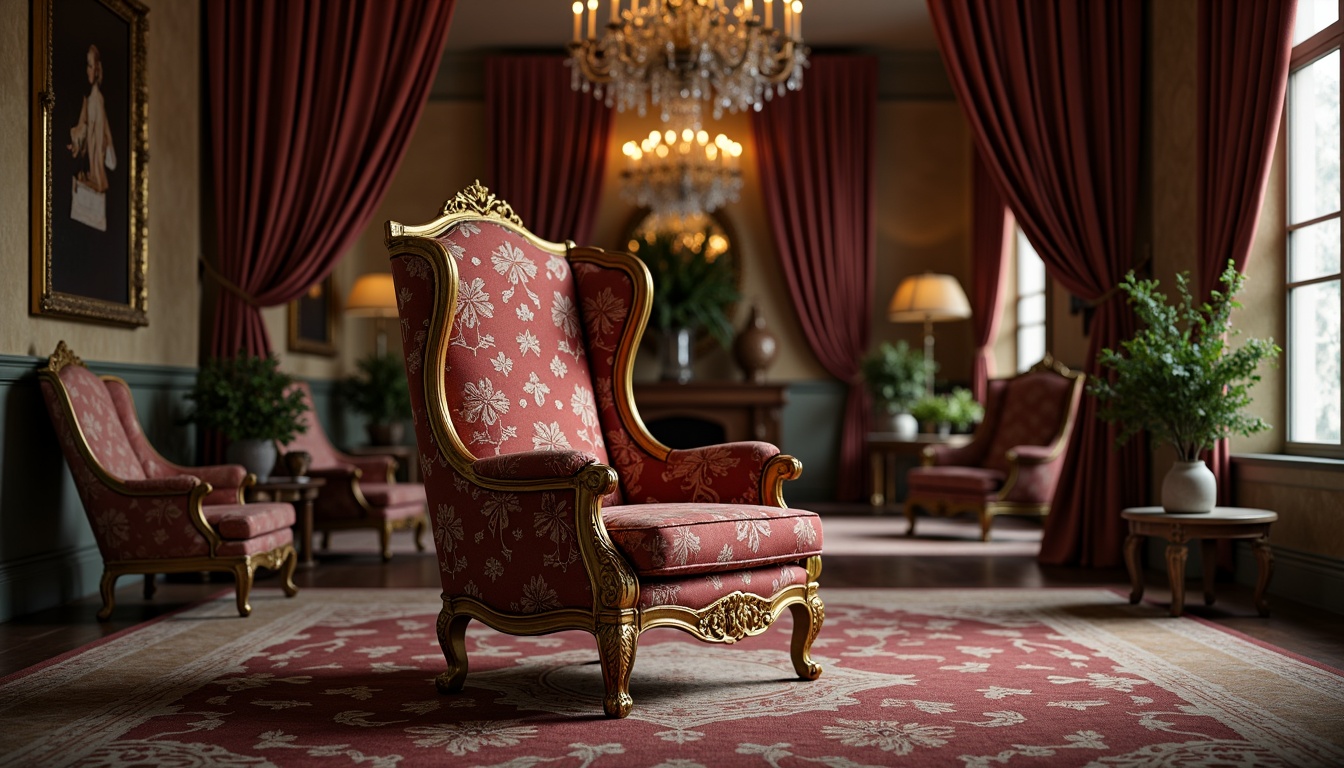 Prompt: Ornate armchair, rich velvet fabric, intricate flower patterns, golden tassels, plush cushioning, curved wooden legs, antique bronze hardware, luxurious silk drapes, opulent chandelier, grand high ceiling, lavish furnishings, ornamental mirrors, heavy drapery, dramatic lighting, soft warm glow, 1/2 composition, shallow depth of field, realistic textures.