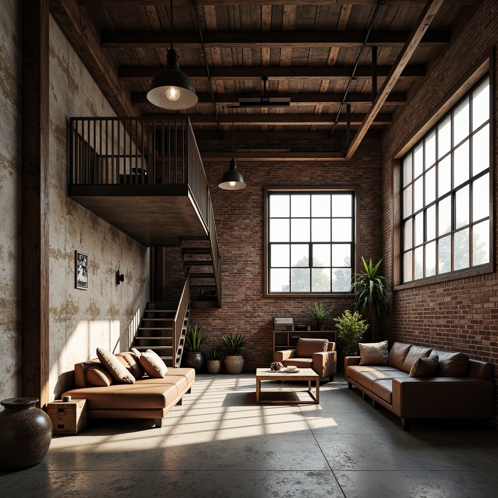 Prompt: Industrial warehouse interior, exposed metal beams, reclaimed wood accents, distressed brick walls, urban loft atmosphere, natural light pouring through large windows, industrial-style lighting fixtures, metal staircase, minimalist decor, functional furniture, earthy tone color palette, rough-textured concrete floors, urban decay aesthetic, cinematic high-contrast lighting, shallow depth of field, 1/2 composition, realistic render.