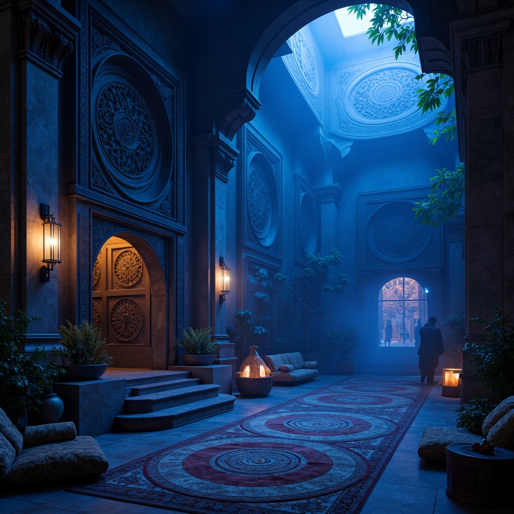 Prompt: Indigo-toned mystical temple, ancient stone carvings, intricate mandalas, spiritual symbols, dimly lit ambiance, misty atmosphere, subtle fog effects, mysterious shadows, ornate doorways, delicate lanterns, vibrant indigo hues, rich velvet fabrics, luxurious golden accents, subtle lighting, 1/1 composition, realistic textures, ambient occlusion.