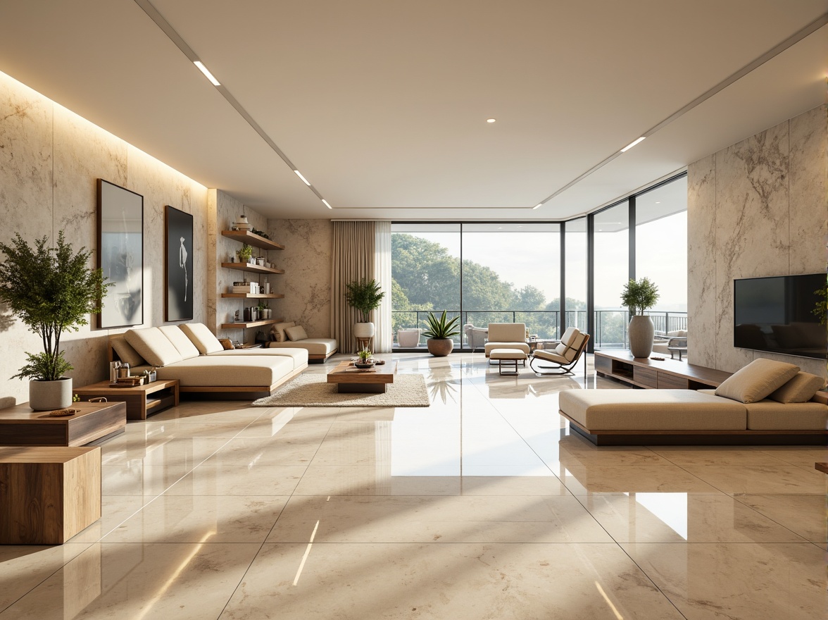 Prompt: Luxurious living room, sleek marble floors, high-gloss finish, subtle veining patterns, soft cream colors, ambient warm lighting, modern minimalist furniture, low-profile sofas, metallic accents, floor-to-ceiling windows, natural stone walls, spacious open-plan layout, 1/1 composition, realistic reflections, shallow depth of field.