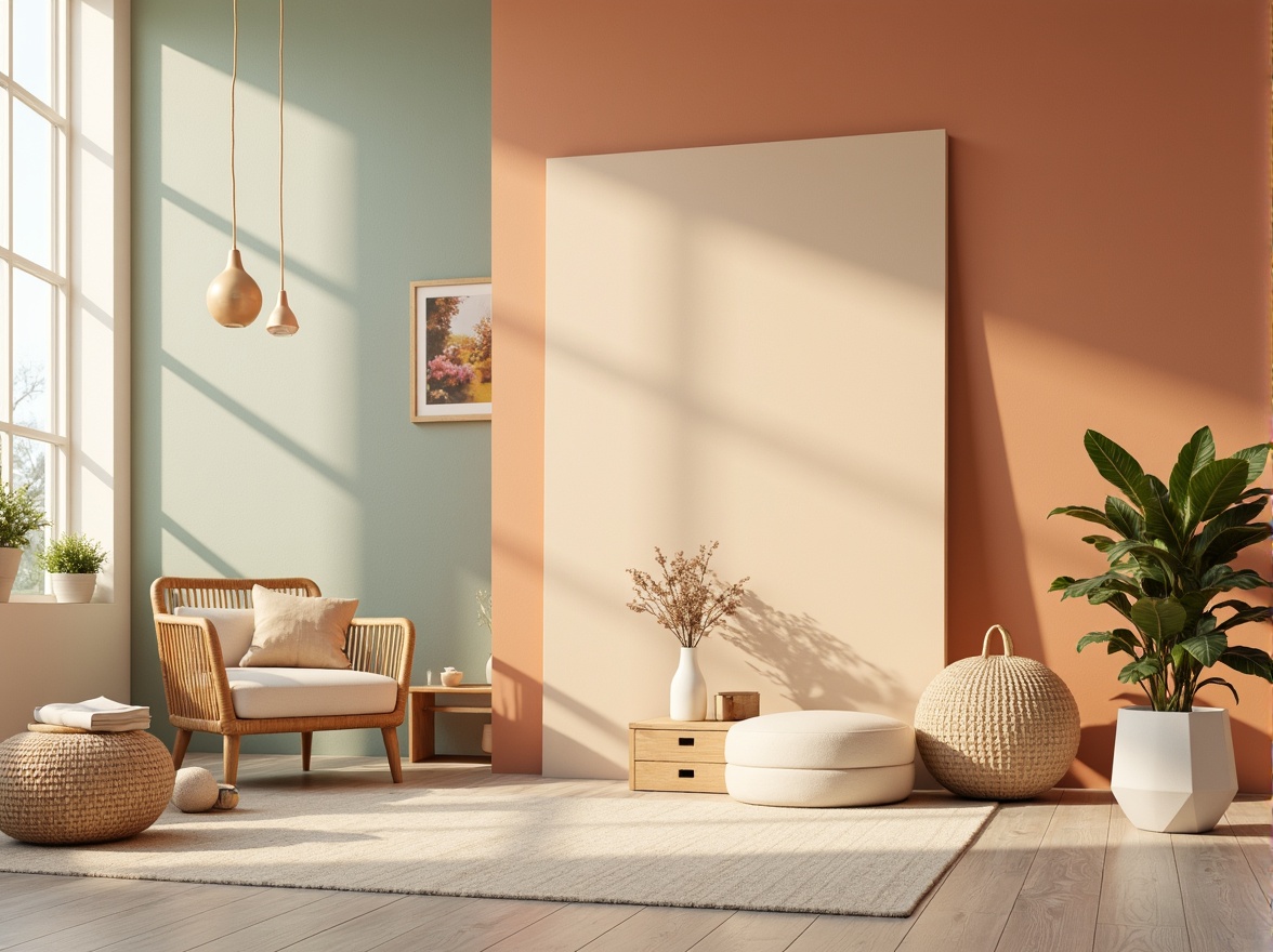 Prompt: Soft peach tones, warm beige backgrounds, calming blue-green hues, rich wood accents, natural textures, earthy terracotta, muted golden lighting, creamy whites, subtle gradient effects, gentle color transitions, soothing ambiance, 1/1 composition, shallow depth of field, realistic renderings.