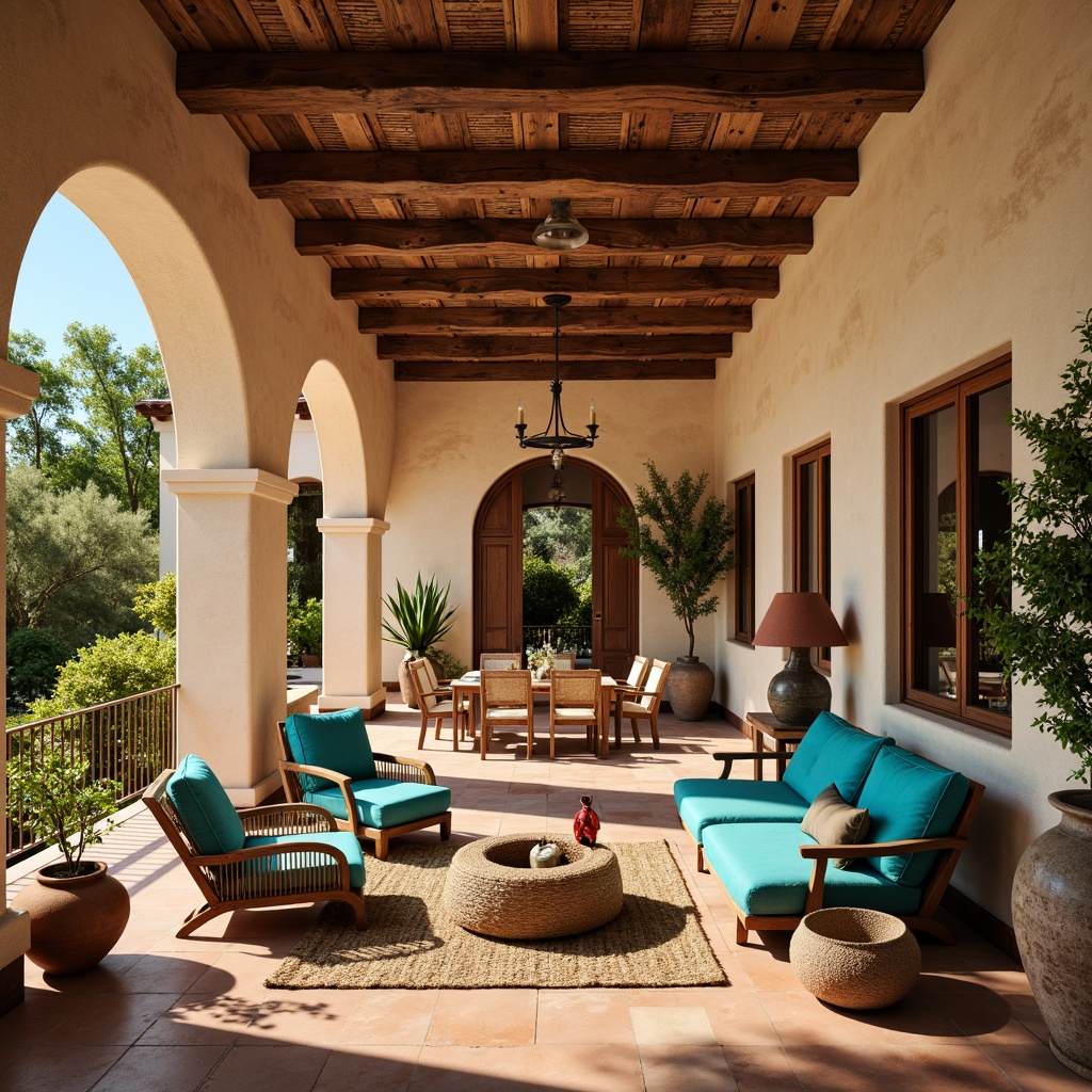 Prompt: Warm Mediterranean villa, curved archways, ornate tile work, rustic wooden beams, plush outdoor furniture, vibrant turquoise cushions, natural woven textiles, distressed wood accents, terracotta pottery, lush greenery, sun-kissed patios, soft warm lighting, shallow depth of field, 1/1 composition, realistic textures, ambient occlusion.