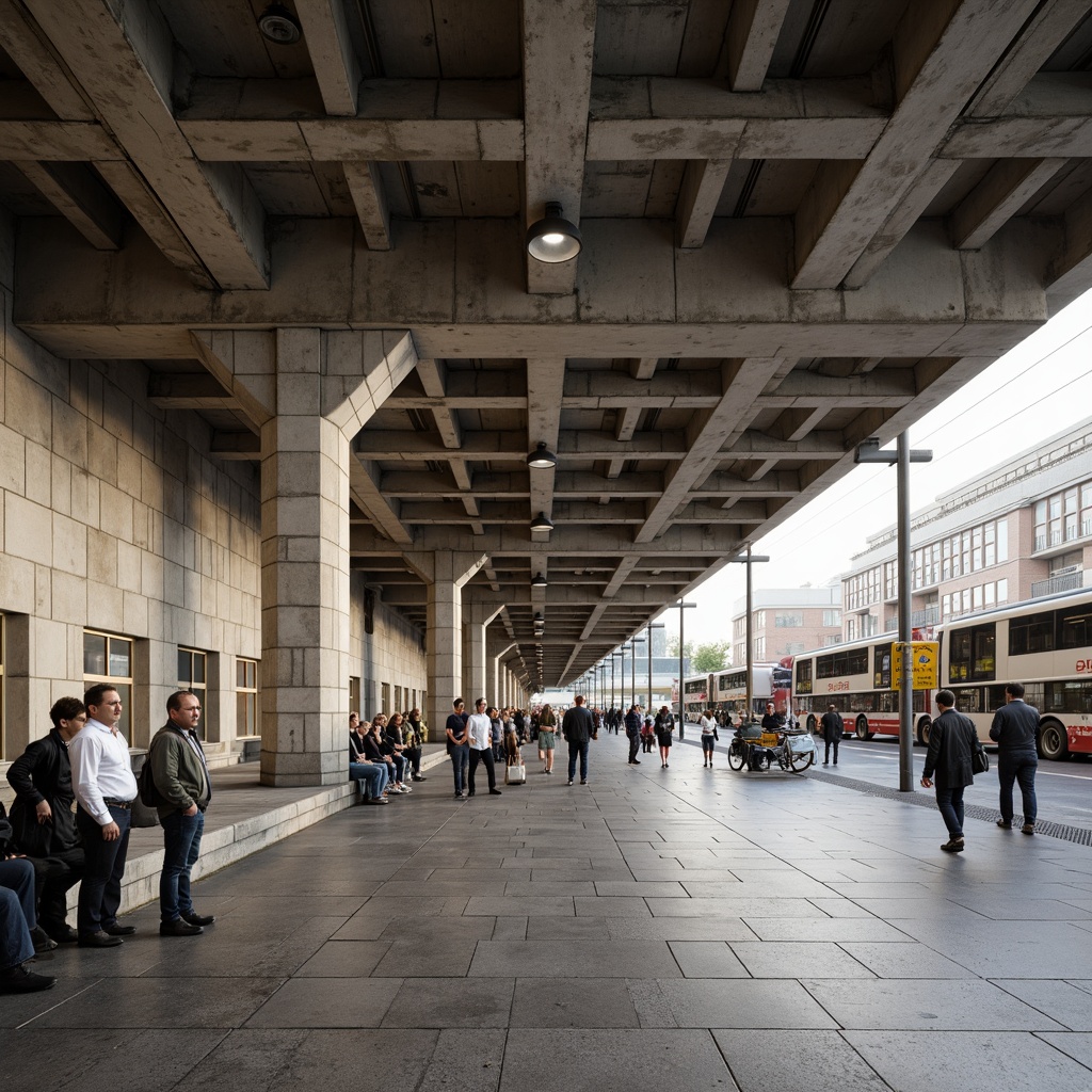 Prompt: Rugged brutalist bus station, exposed concrete structures, raw industrial aesthetic, functional minimalist design, acoustic panels, sound-absorbing materials, diffusers, bass traps, natural stone flooring, metallic accents, urban cityscape, busy transportation hub, morning rush hour, soft warm lighting, shallow depth of field, 1/2 composition, realistic textures, ambient occlusion.