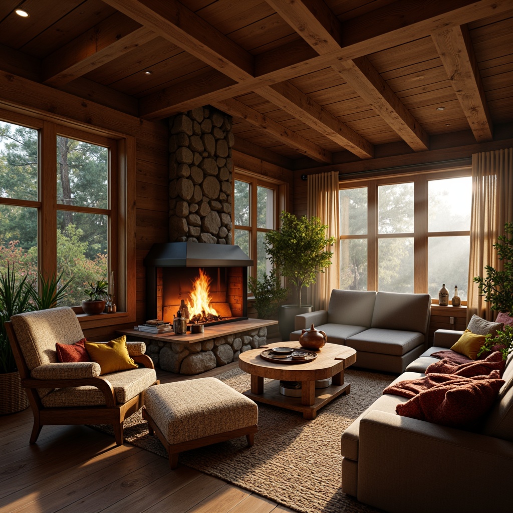 Prompt: Cozy cabin, warm wooden accents, inviting earthy tones, rich brown furniture, soft golden lighting, plush throw blankets, crackling fireplace, rustic stone walls, natural woven textiles, vintage decorative items, autumnal forest surroundings, misty morning atmosphere, shallow depth of field, 1/1 composition, realistic textures, ambient occlusion.