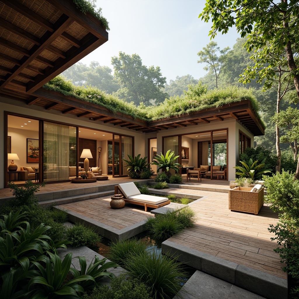 Prompt: Tropical villa, lush green roofs, large overhangs, clerestory windows, sliding glass doors, bright interior spaces, natural ventilation systems, earthy color palette, wooden accents, woven rattan furniture, vibrant tropical plants, misty morning atmosphere, soft warm lighting, shallow depth of field, 1/1 composition, panoramic view, realistic textures, ambient occlusion.