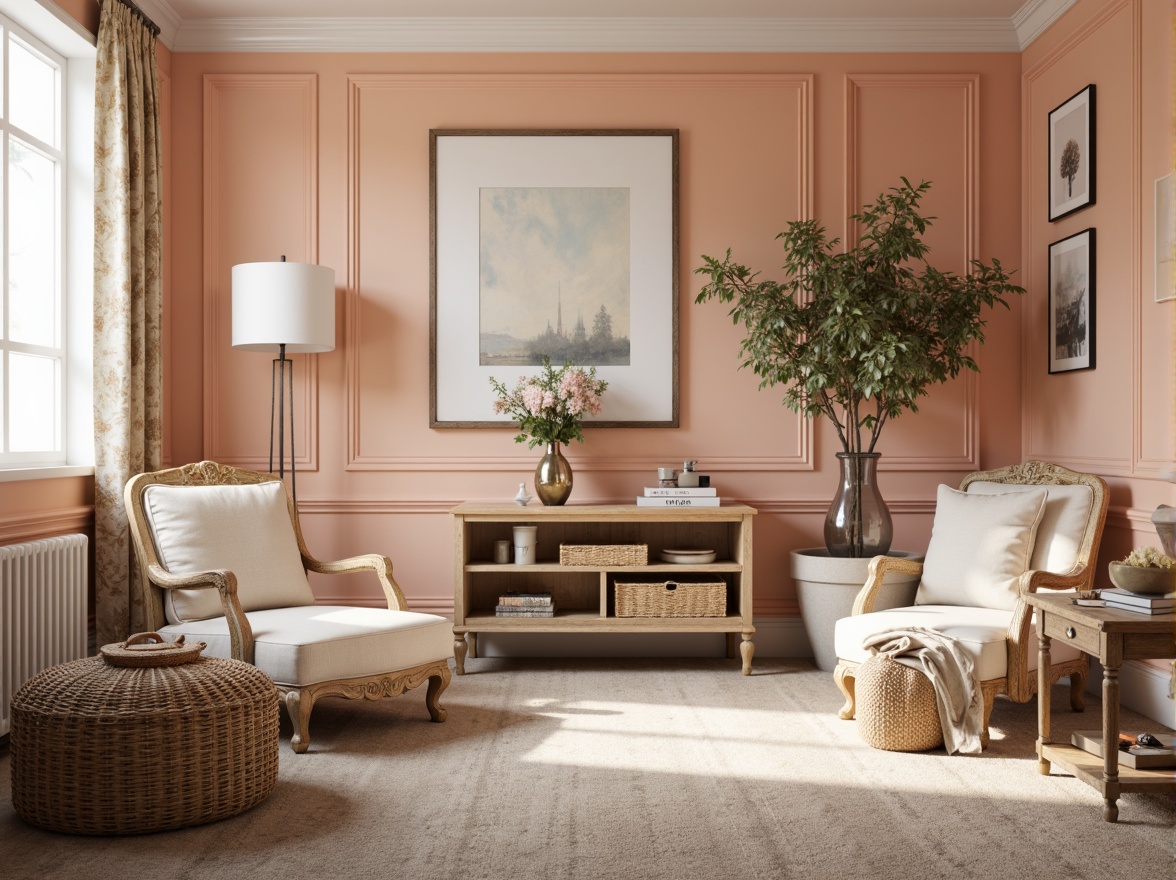 Prompt: Soft peach walls, creamy whites, warm beige accents, rich wood tones, gentle grey undertones, plush carpeting, delicate florals, vintage-inspired furniture, ornate metallic details, natural textiles, woven baskets, subtle patterned drapes, calming ambient lighting, shallow depth of field, 1/1 composition, warm intimate atmosphere.