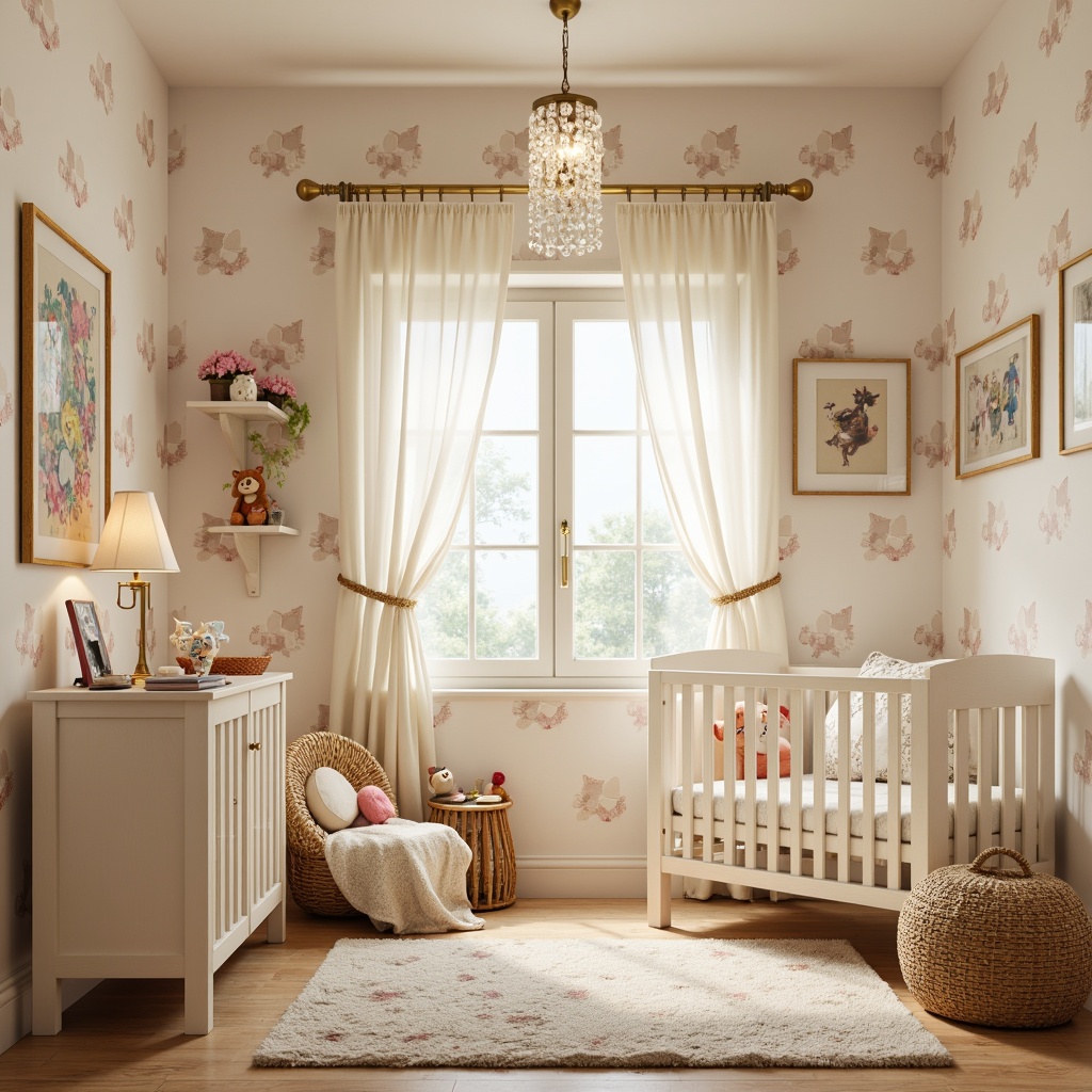 Prompt: Whimsical baby nursery, soft pastel colors, delicate flower patterns, gentle glow lighting fixtures, crystal chandeliers, adorable animal-shaped lamps, creamy white furniture, plush area rugs, sweet vintage toys, framed baby pictures, warm beige walls, subtle texture details, cozy reading nook, intimate atmosphere, shallow depth of field, 1/1 composition, softbox lighting, realistic fabric textures.