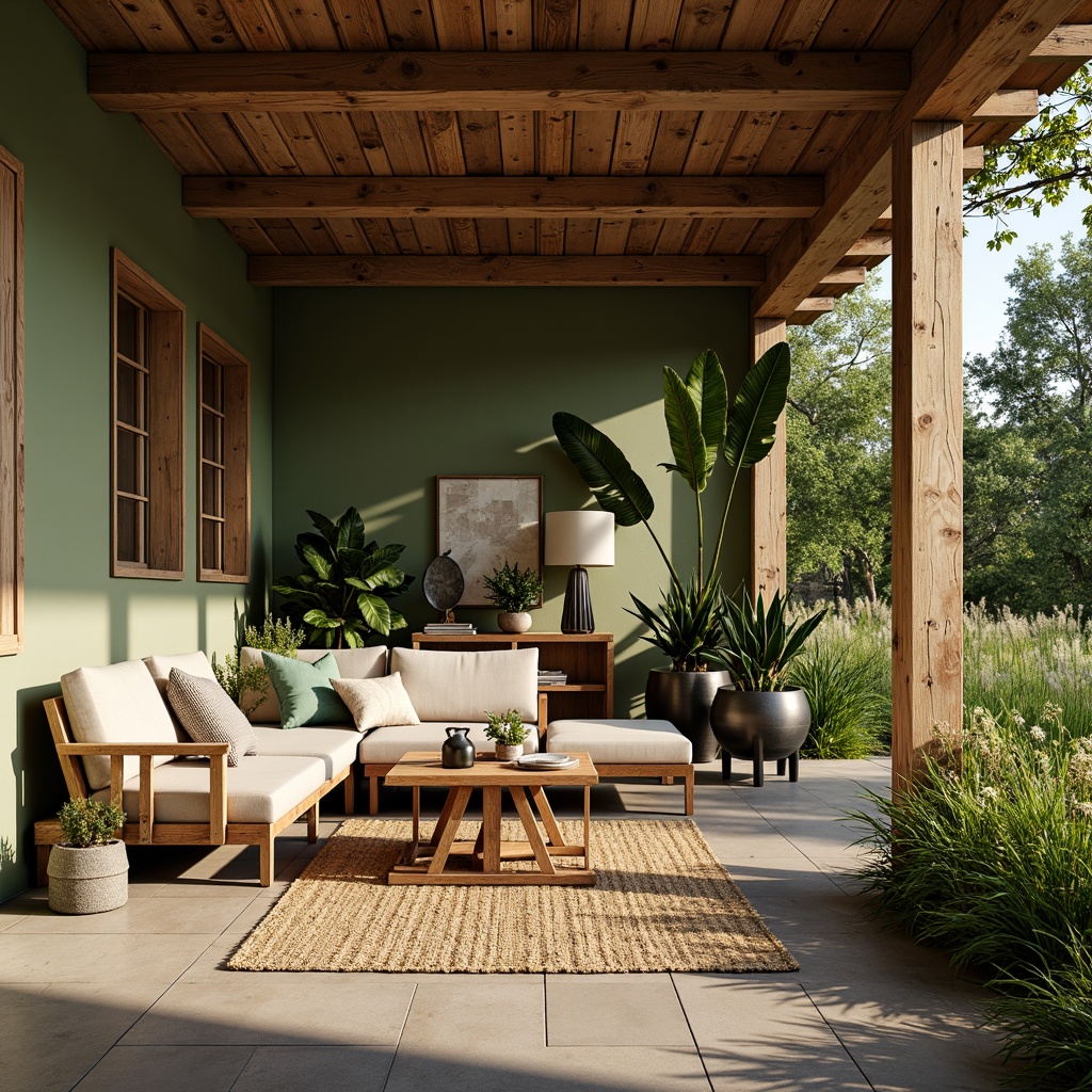 Prompt: Organic farmhouse, reclaimed wood accents, living green walls, natural stone floors, earthy color palette, rustic metal decor, woven bamboo furniture, jute rugs, potted plants, warm sunlight, soft shadows, shallow depth of field, 1/2 composition, inviting atmosphere, cozy textures, ambient occlusion.