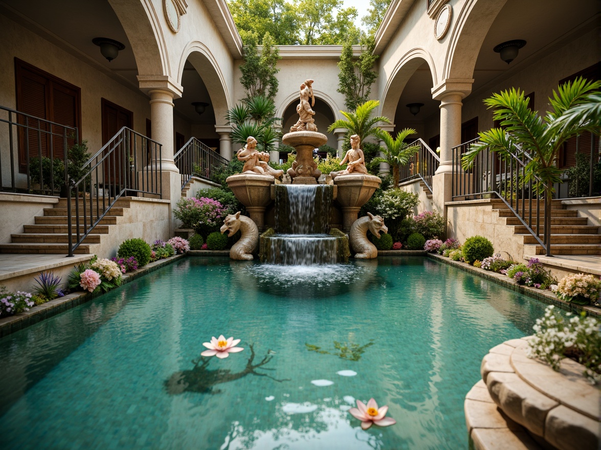 Prompt: Ornate fountain, flowing water, delicate lilies, intricately carved stone, curved metal railings, vibrant turquoise tiles, iridescent glass mosaics, sinuous lines, organic forms, whimsical sea creatures, majestic peacocks, lavish flower arrangements, soft rippling water effects, warm golden lighting, shallow depth of field, 2/3 composition, ornate framing, realistic textures, ambient occlusion.