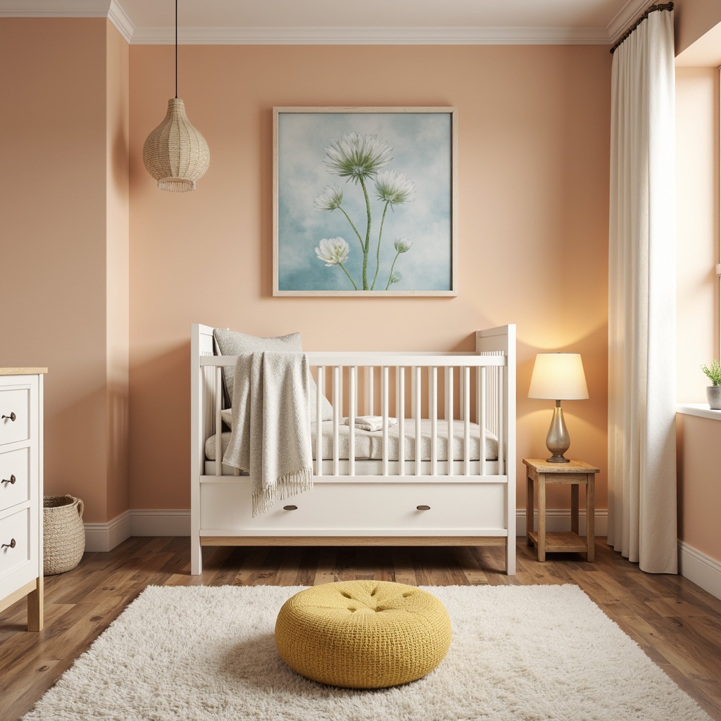 Prompt: Soft peach walls, creamy white furniture, warm beige accents, natural wood crib, plush area rug, gentle yellow ottoman, soothing blue-green nursery art, delicate floral patterns, subtle texture contrasts, calming atmosphere, cozy reading nook, warm floor lamps, softbox lighting, 1/1 composition, intimate space, realistic fabric textures.