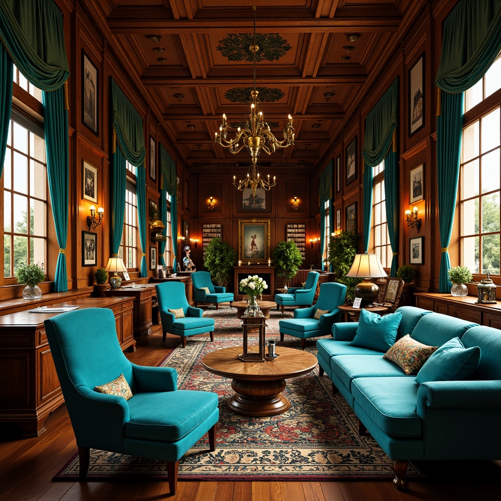 Prompt: Richly ornamented library, expressive furniture, bold curvaceous lines, vibrant turquoise accents, plush velvet armchairs, intricately carved wooden tables, ornate metal lanterns, luxurious leather sofas, eclectic mix of antique and modern pieces, warm golden lighting, soft focus, shallow depth of field, 1/1 composition, dramatic shadows, realistic textures, ambient occlusion.