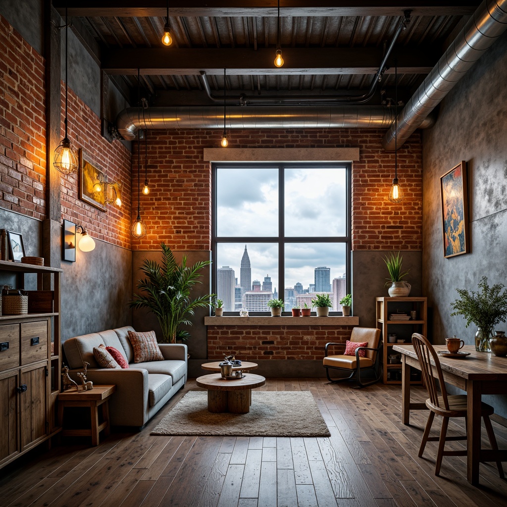 Prompt: Edgy industrial kids' room, exposed brick walls, metal beams, reclaimed wood floors, distressed wooden furniture, vintage factory lighting, metal pendant lamps, Edison bulb fixtures, wire cage shades, rustic rope lighting, urban cityscape views, cloudy day, soft warm glow, shallow depth of field, 1/2 composition, realistic textures, ambient occlusion.