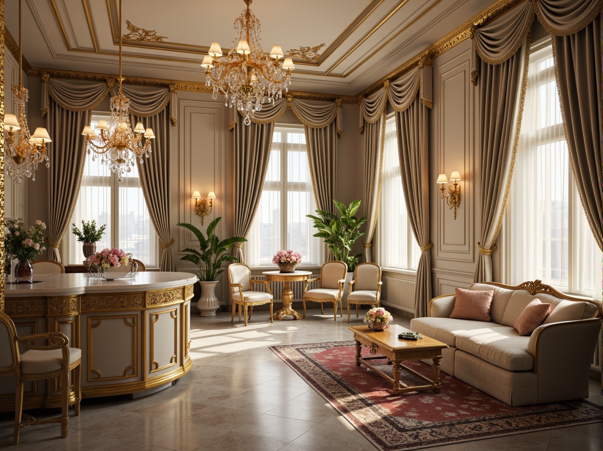 Prompt: Luxurious Rococo apartment, ornate golden accents, intricately carved wooden furnishings, plush velvet upholstery, crystal chandeliers, soft pastel color palette, delicate floral patterns, curved lines, scalloped edges, opulent marble countertops, lavish drapery, grandiose ceilings, warm ambient lighting, shallow depth of field, 1/1 composition, intimate atmosphere, romantic ambiance, French-inspired decor, antique furniture pieces, vintage accessories, richly textured fabrics.