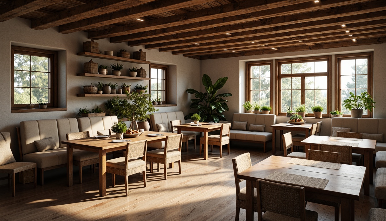 Prompt: Rustic farmhouse dining room, wooden furniture, distressed finishes, vintage decor, natural textiles, earthy color palette, reclaimed wood tables, comfortable upholstered chairs, woven baskets, potted plants, pendant lighting fixtures, exposed beams, brick walls, cozy ambiance, warm soft lighting, shallow depth of field, 1/1 composition, realistic textures, ambient occlusion.