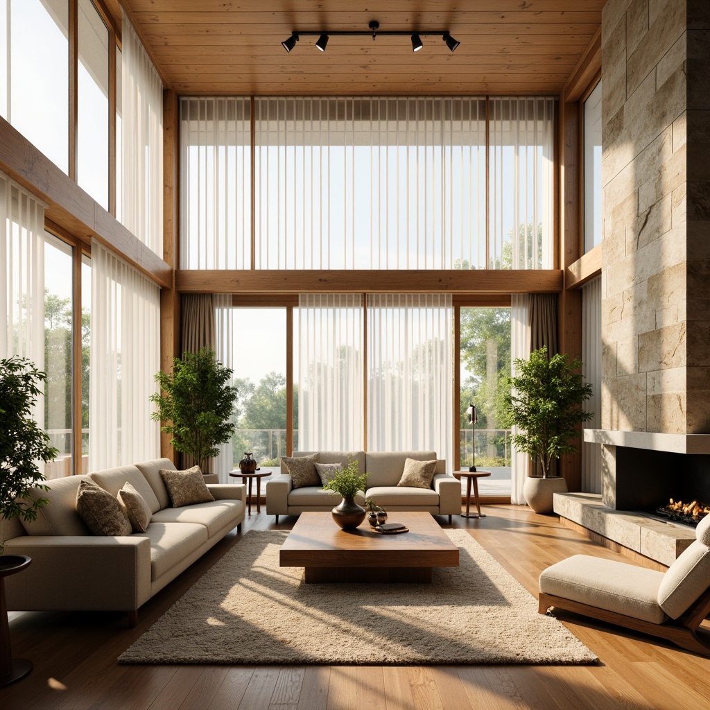 Prompt: Vibrant living room, floor-to-ceiling windows, sheer white curtains, warm wooden floors, soft beige walls, comfortable sofas, coffee tables, lush green plants, natural stone fireplace, sunny afternoon, gentle warm lighting, shallow depth of field, 1/2 composition, realistic textures, ambient occlusion.