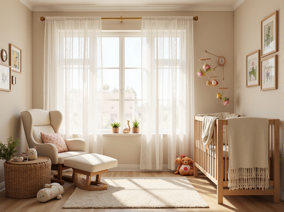 Prompt: Whimsical nursery, soft pastel colors, delicate lace curtains, flowing white drapes, sheer fabrics, gentle filtering light, warm beige walls, baby-friendly furniture, plush toys, colorful wall art, adorable mobiles, sweet sentimental decorations, natural wood accents, creamy whites, calming atmosphere, cozy reading nook, comfortable glider, warm neutral tones, soft focus, 1/1 composition, intimate close-up shots, tender warm lighting.