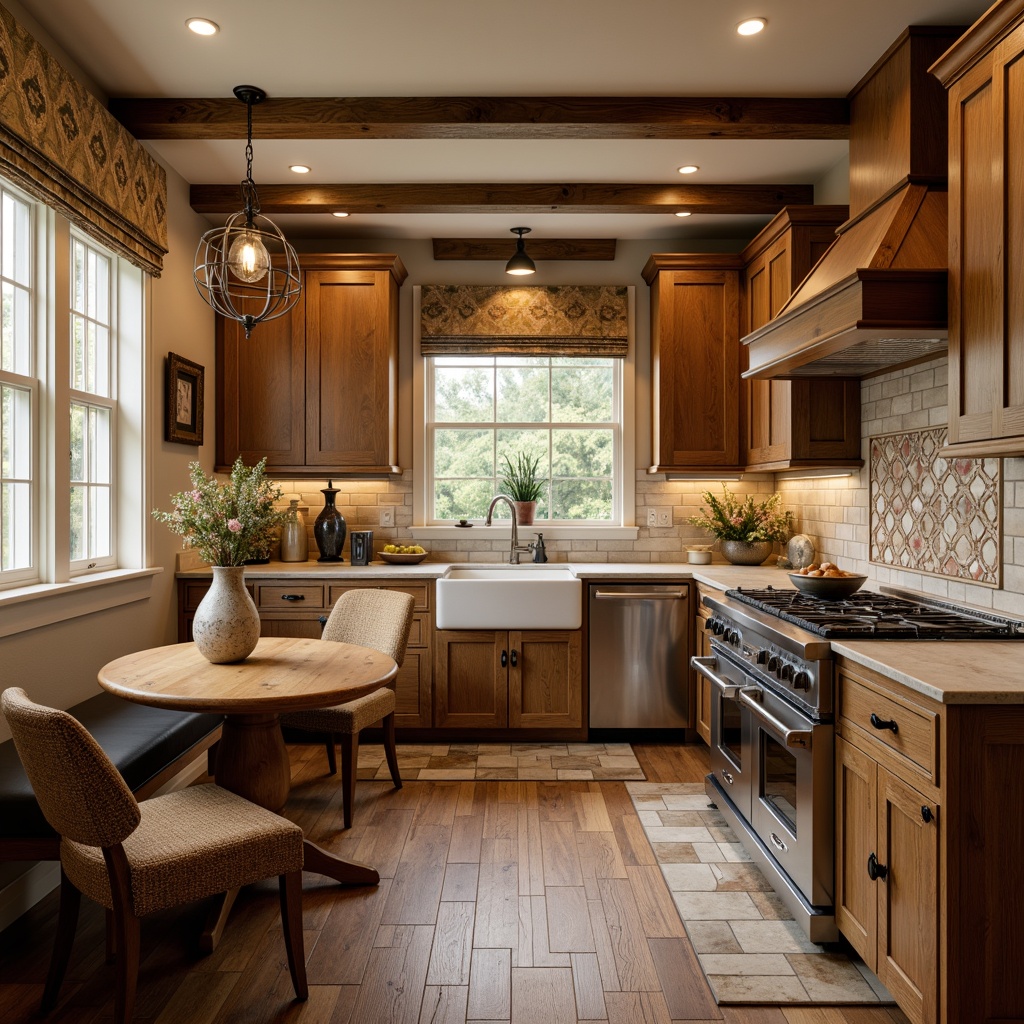 Prompt: Warm traditional kitchen, rustic wooden cabinetry, earthy tone countertops, classic subway tiles, natural stone flooring, distressed hardwood planks, soft warm lighting, cozy breakfast nook, ornate metal fixtures, elegant pendant lights, vintage-inspired appliances, farmhouse sink, decorative ceramic vases, fresh flower arrangements, warm beige walls, soft cream-colored ceiling, 1/1 composition, realistic textures, ambient occlusion.